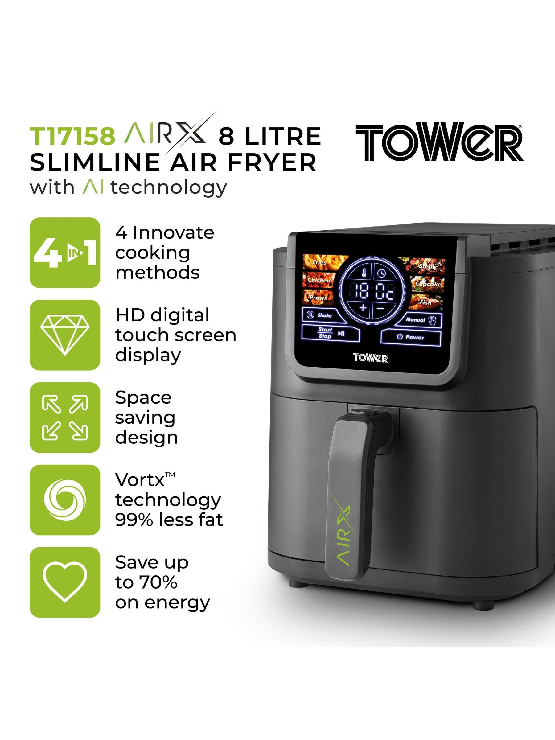 Tower AirX Grey Single Basket Air Fryer 8L (British brand)