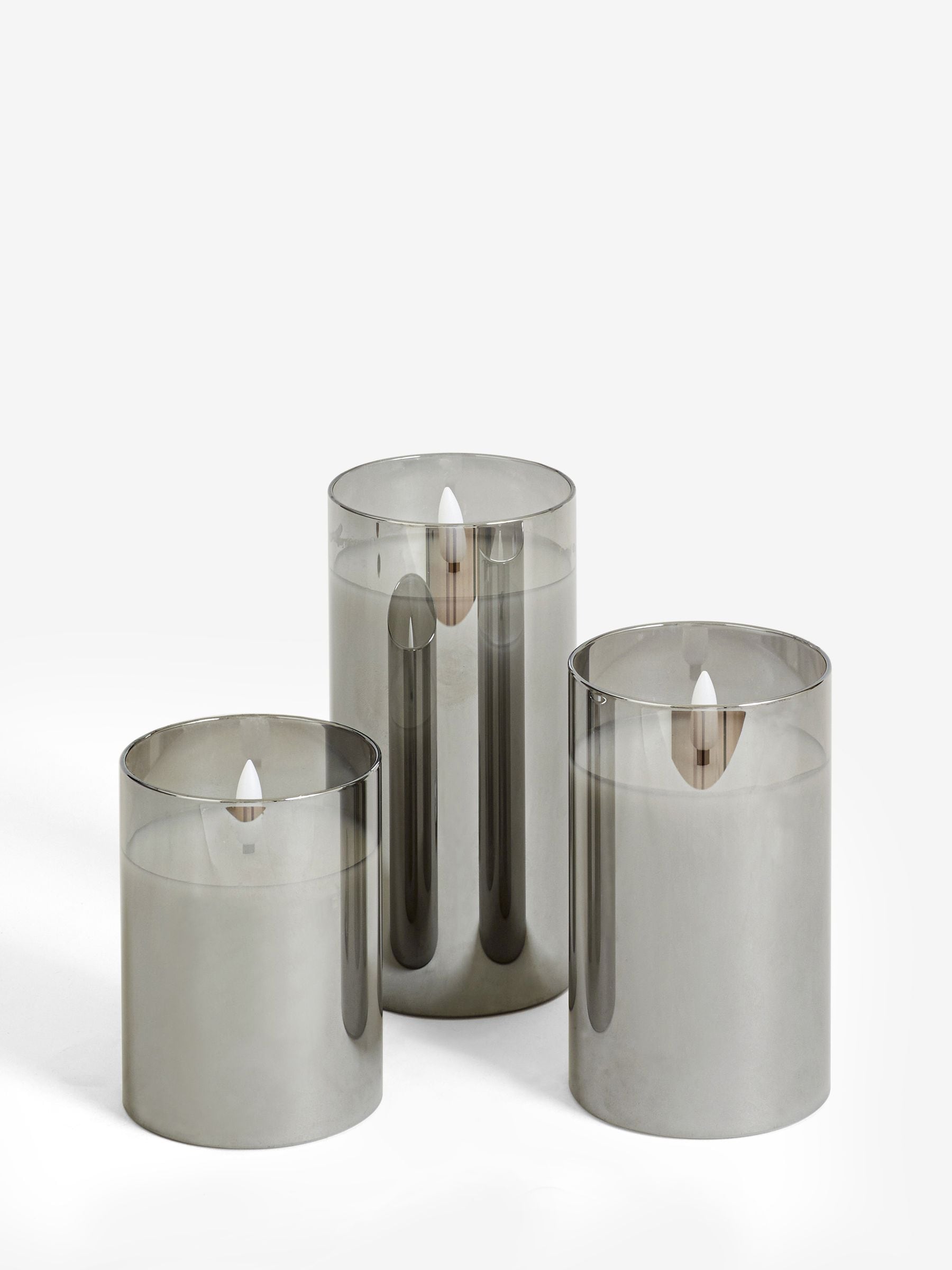 Charcoal grey glass LED candles set of 3, varying heights (British brand)