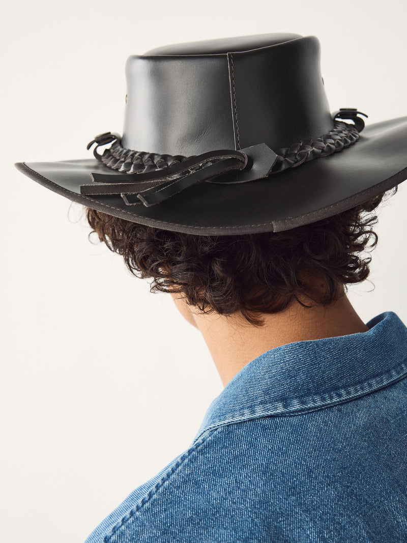 Brown leather cowboy hat with wide brim (British brand)