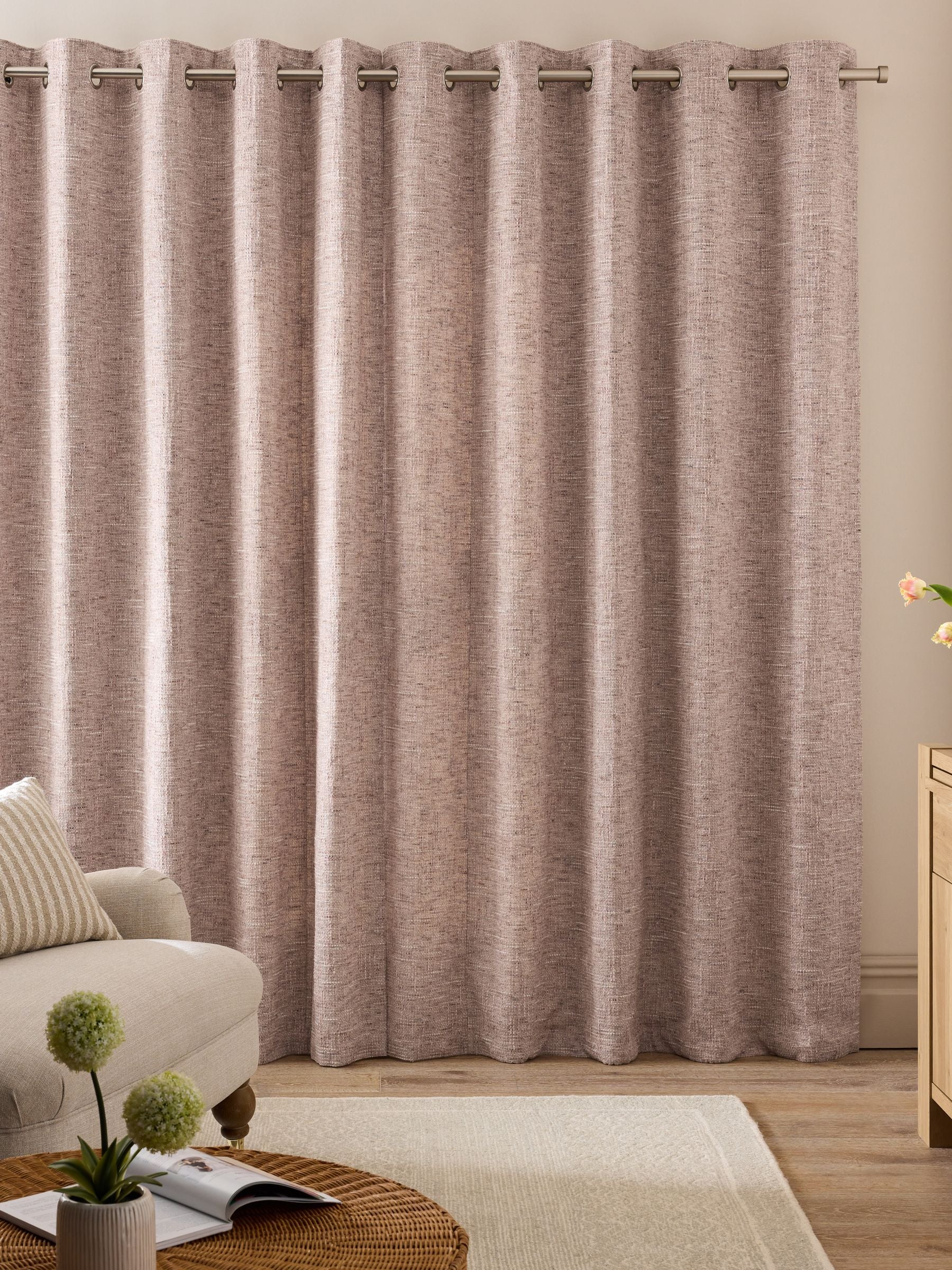 Pink chenille eyelet curtains, imported from the UK
