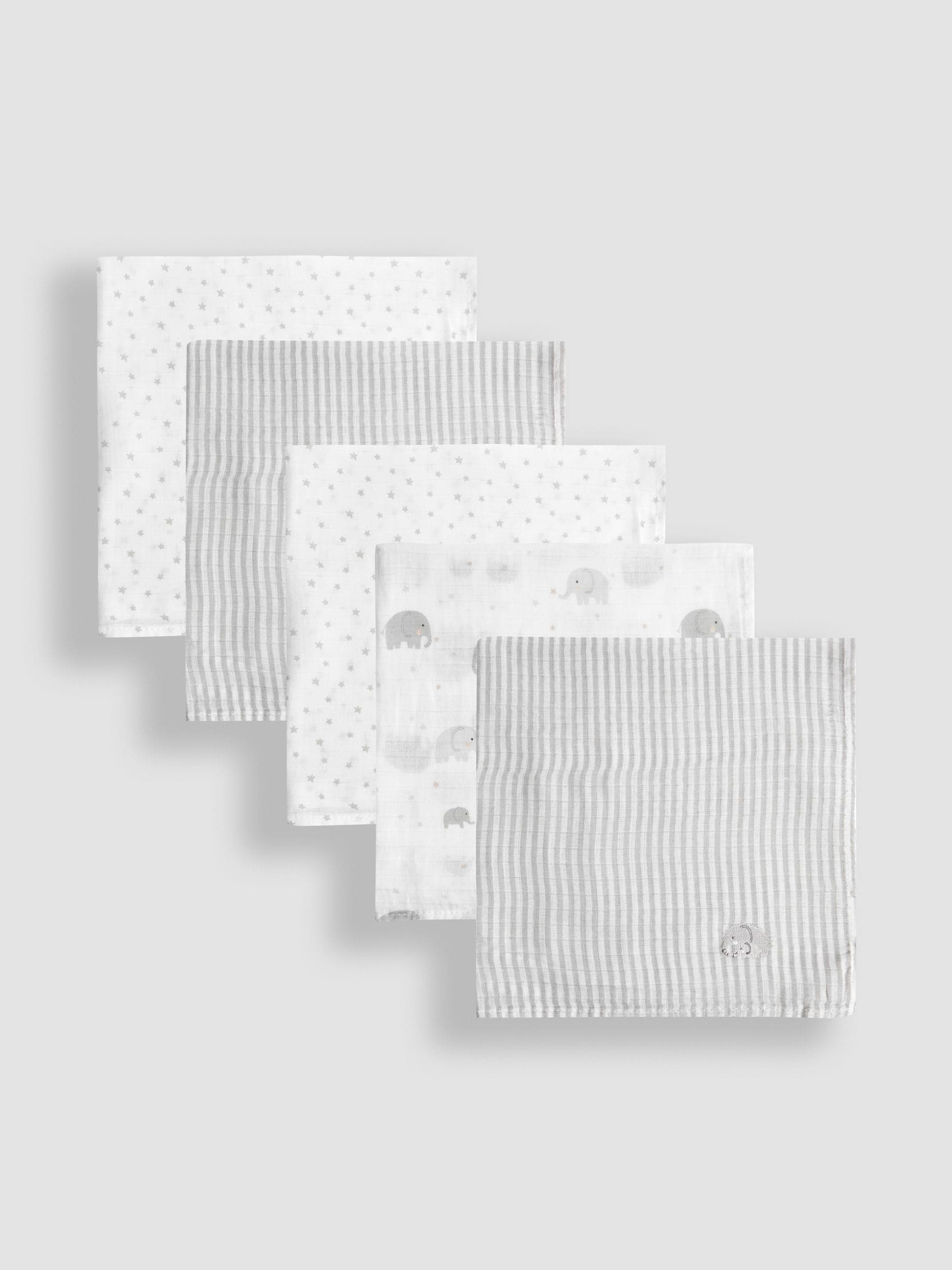JoJo Maman Bébé grey 5-pack muslin cloths 60x60cm - British product