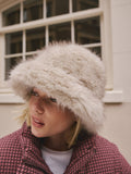 Neutral faux fur bucket hat 100% recycled polyester, UK version