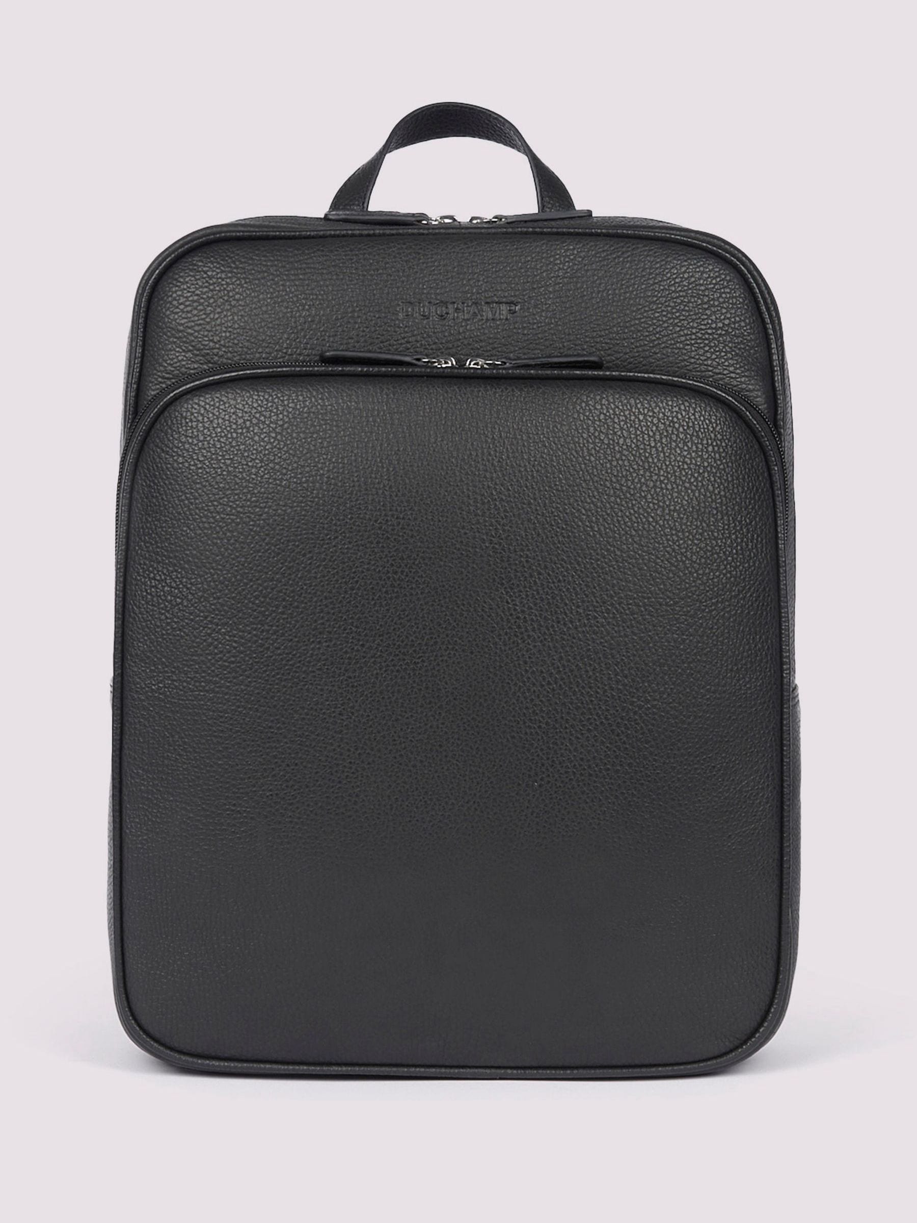 Duchamp black leather backpack with laptop sleeve, imported from the UK