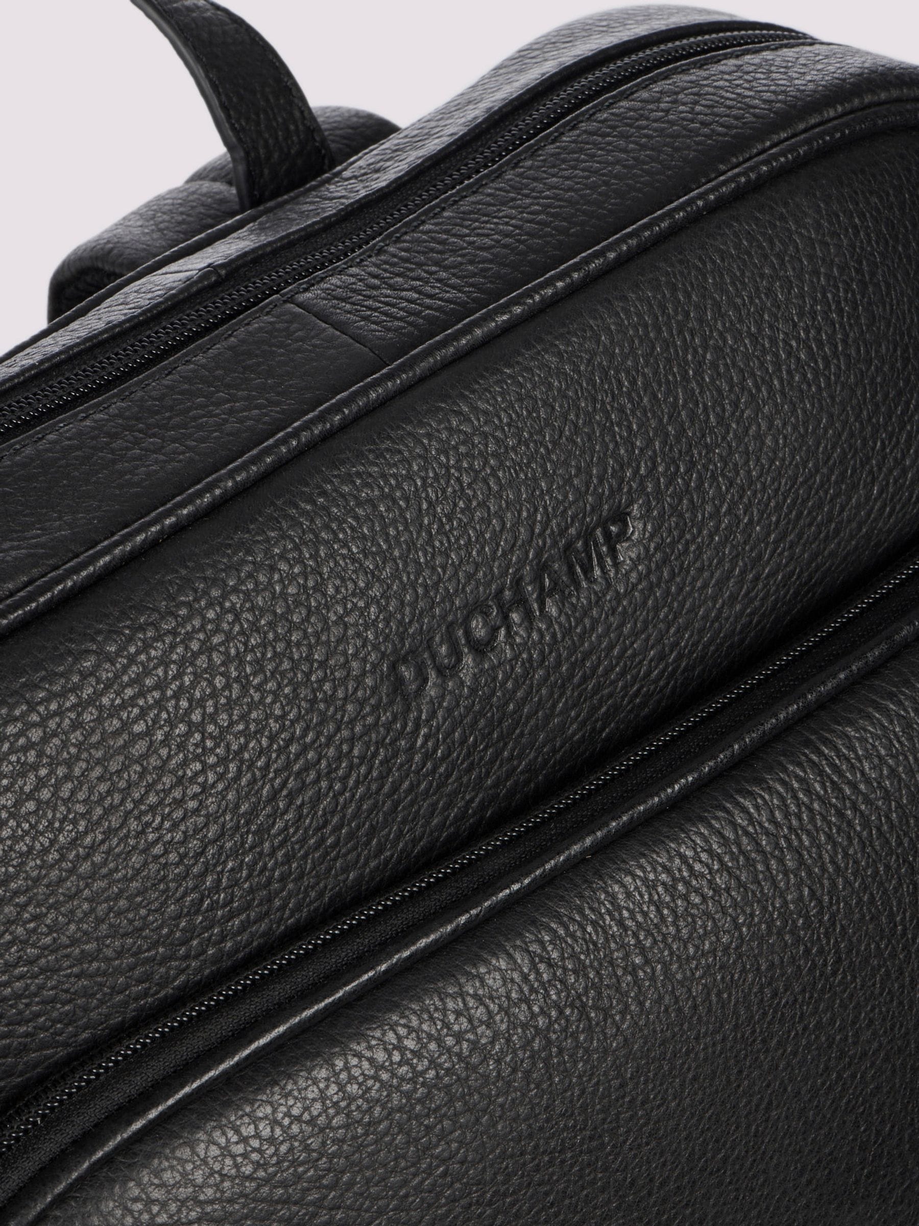 Duchamp black leather backpack with laptop sleeve, imported from the UK
