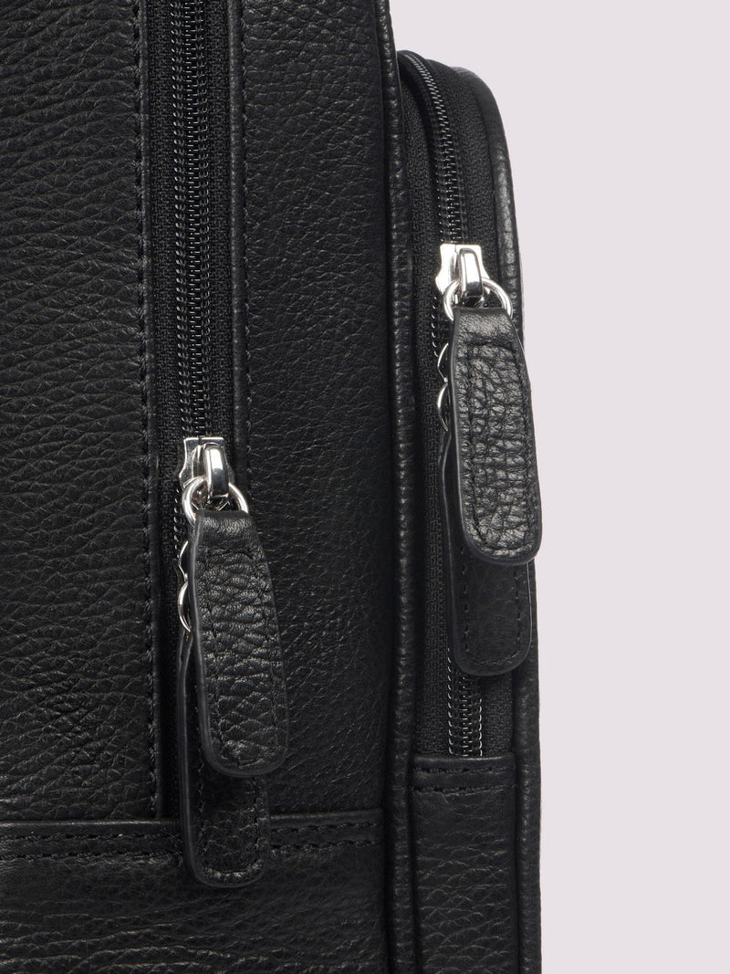 Duchamp black leather backpack with laptop sleeve, imported from the UK