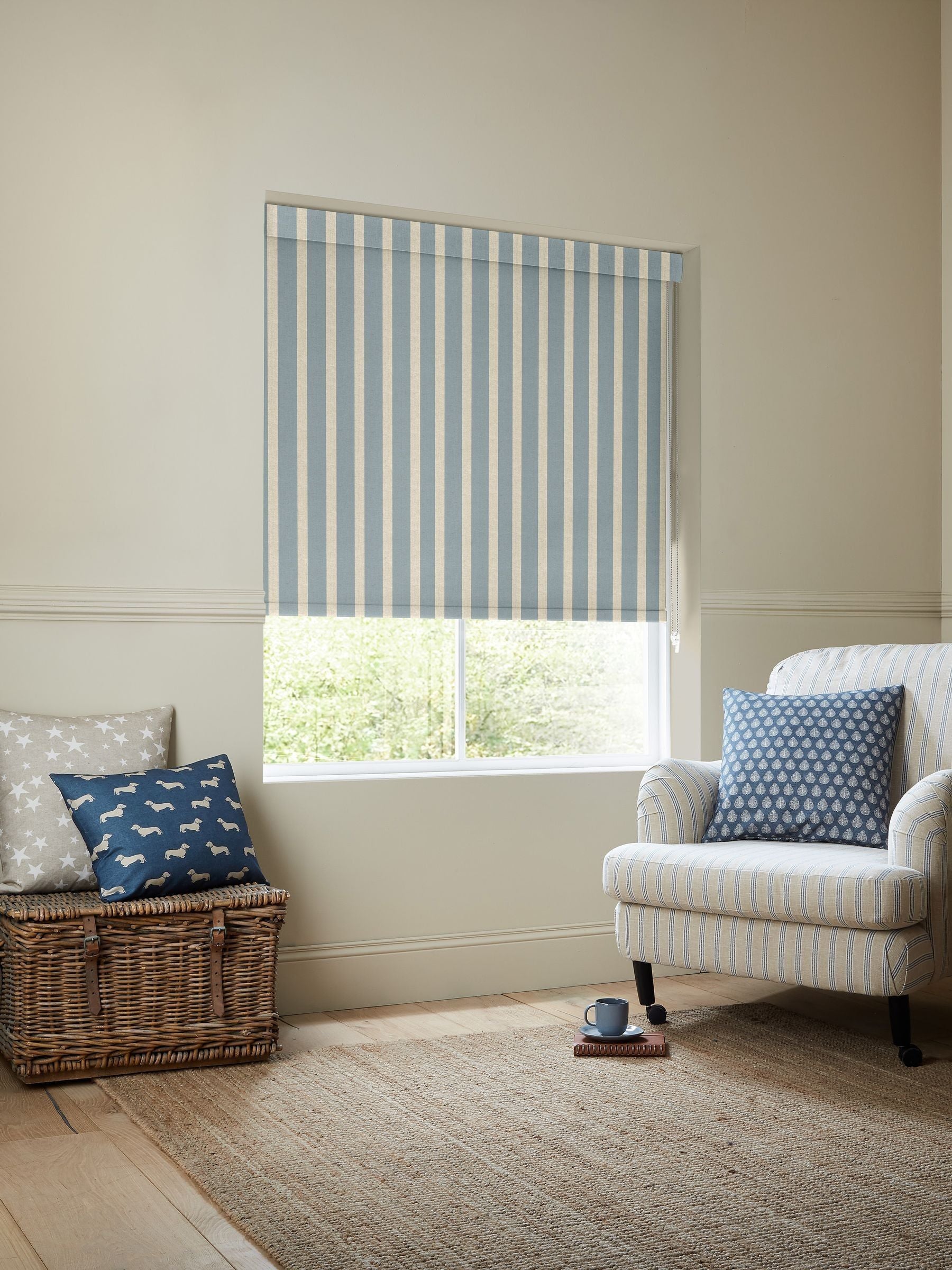 Emily Bond Fowey Blue parasol stripe roller blind, UK version