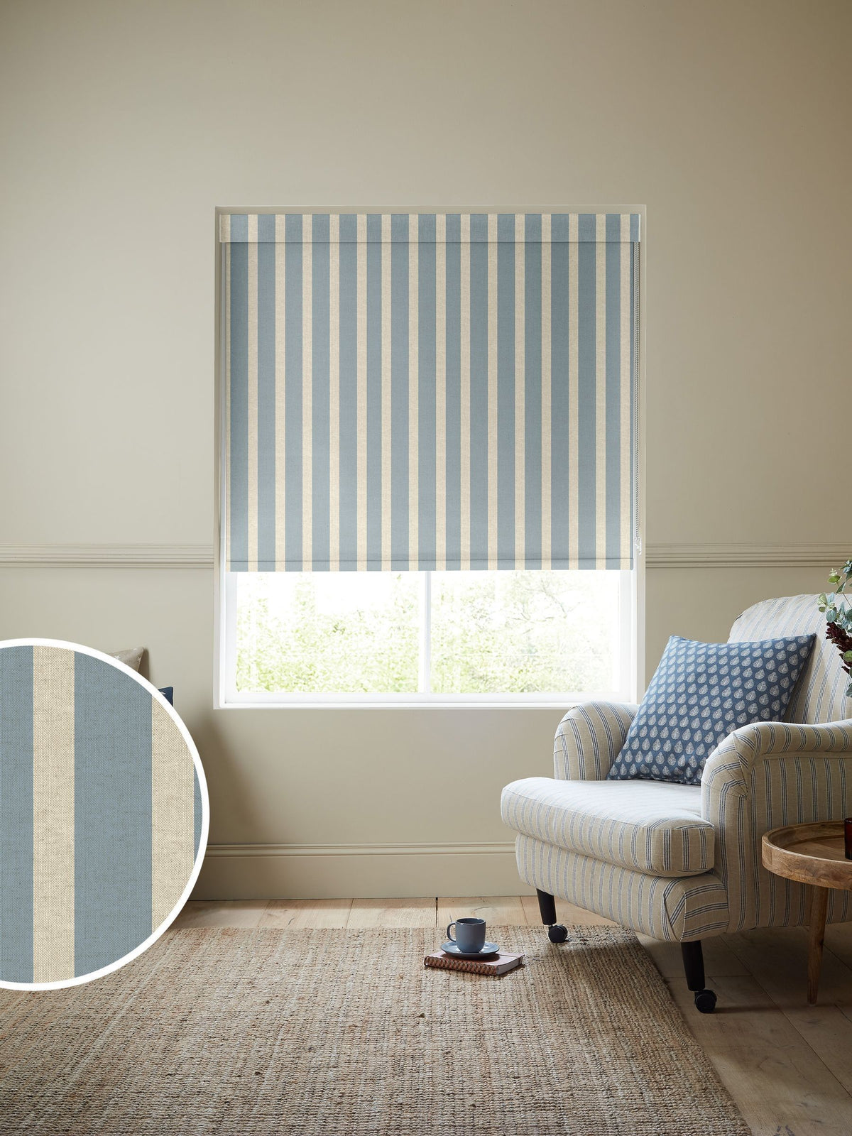 Emily Bond Fowey Blue parasol stripe roller blind, UK version
