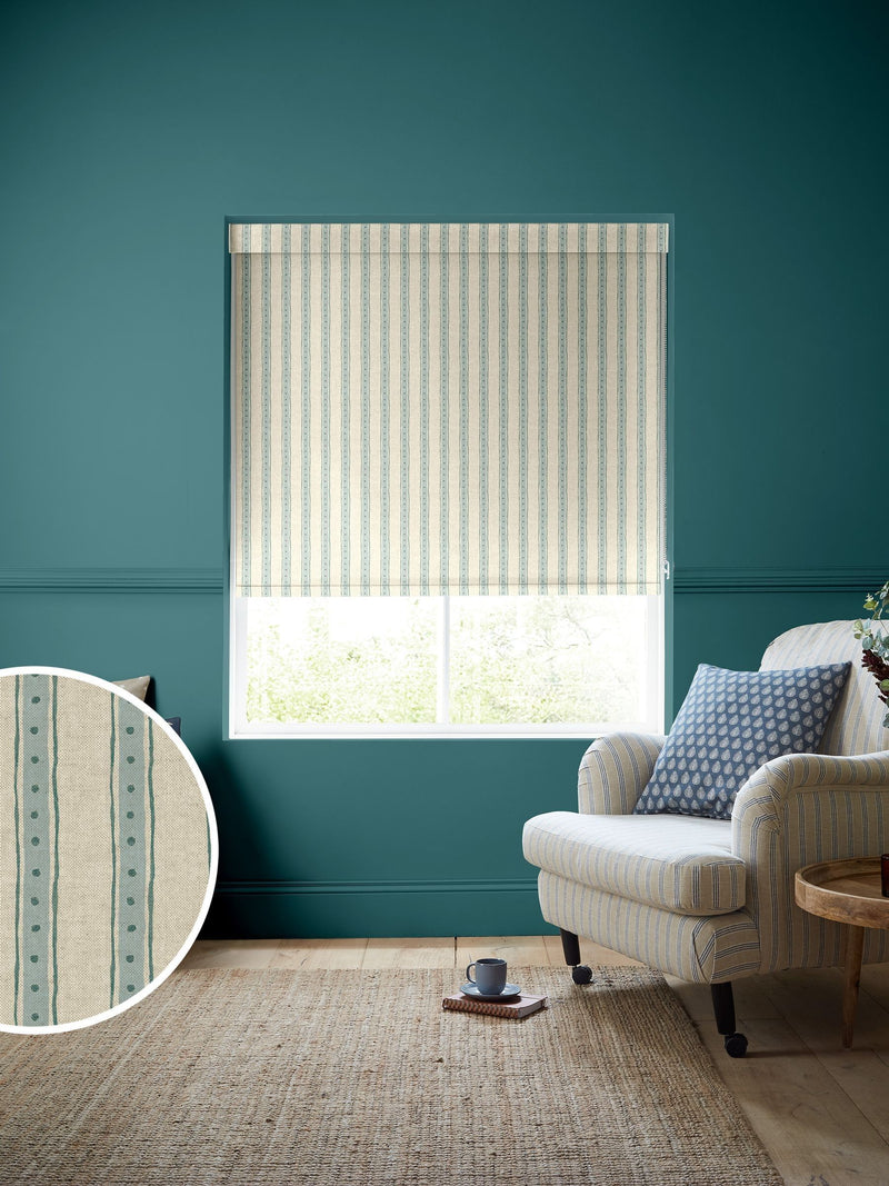 Emily Bond roller blind blue/green block printed stripe (British brand)