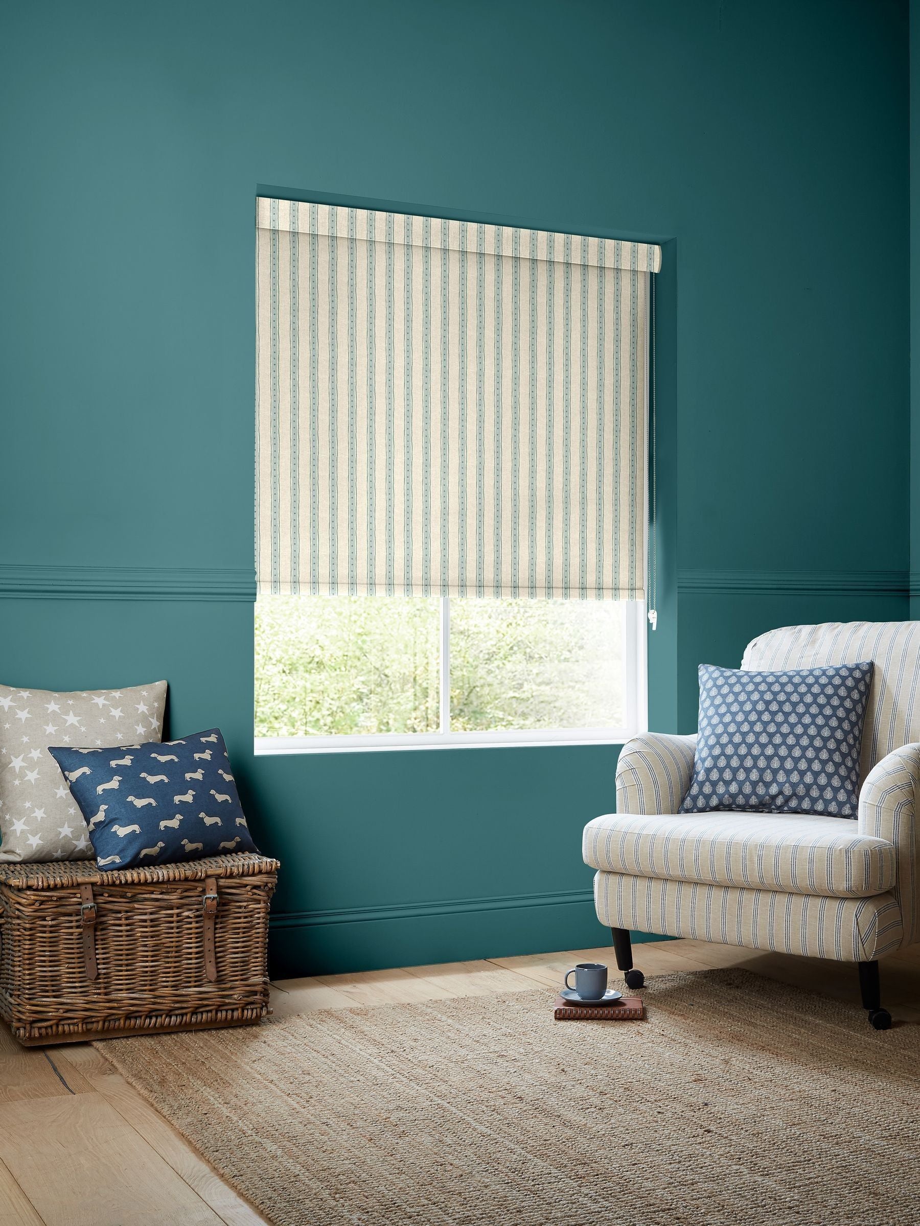 Emily Bond roller blind blue/green block printed stripe (British brand)