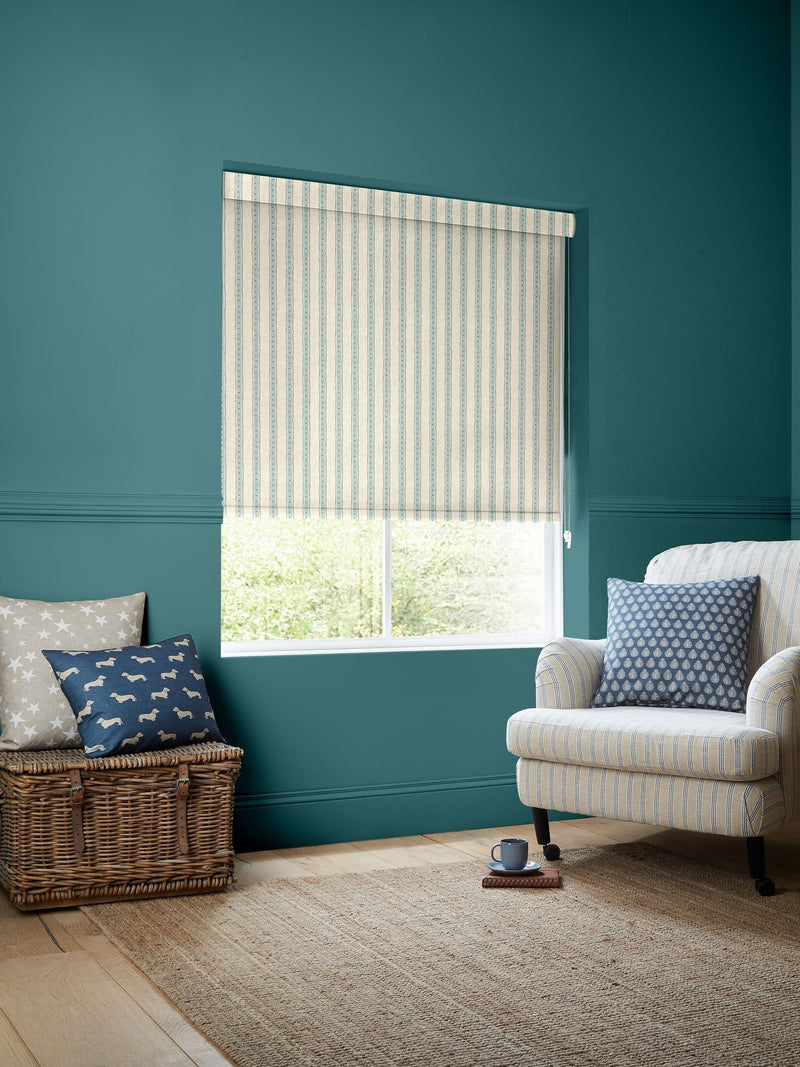 Emily Bond roller blind blue/green block printed stripe (British brand)