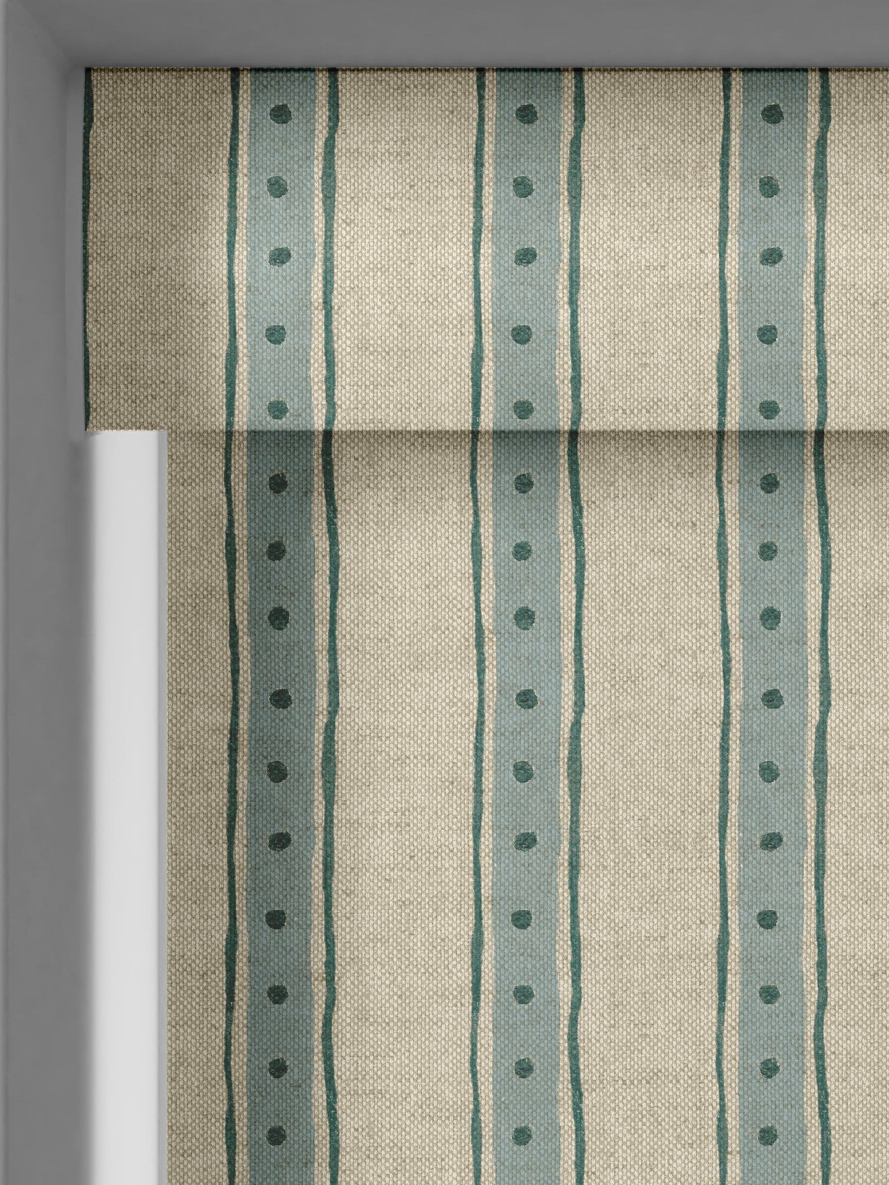 Emily Bond roller blind blue/green block printed stripe (British brand)