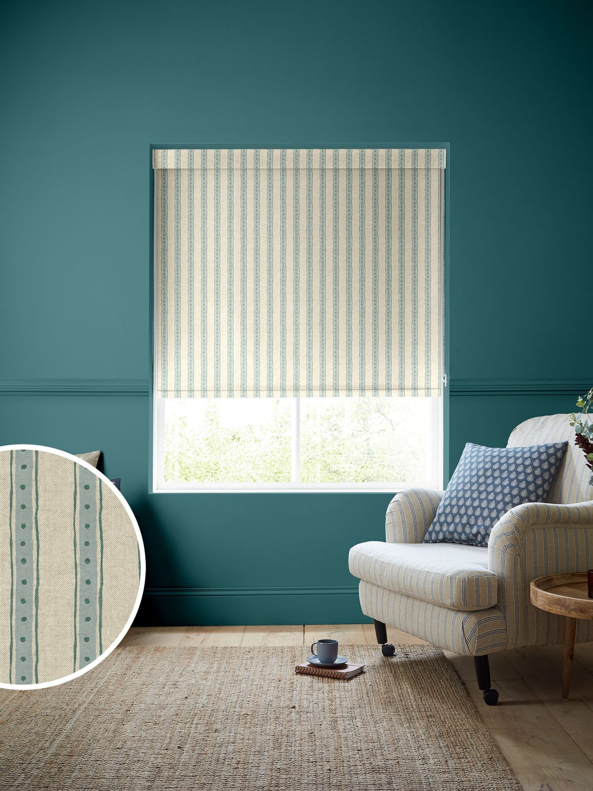 Emily Bond roller blind blue/green block printed stripe (British brand)