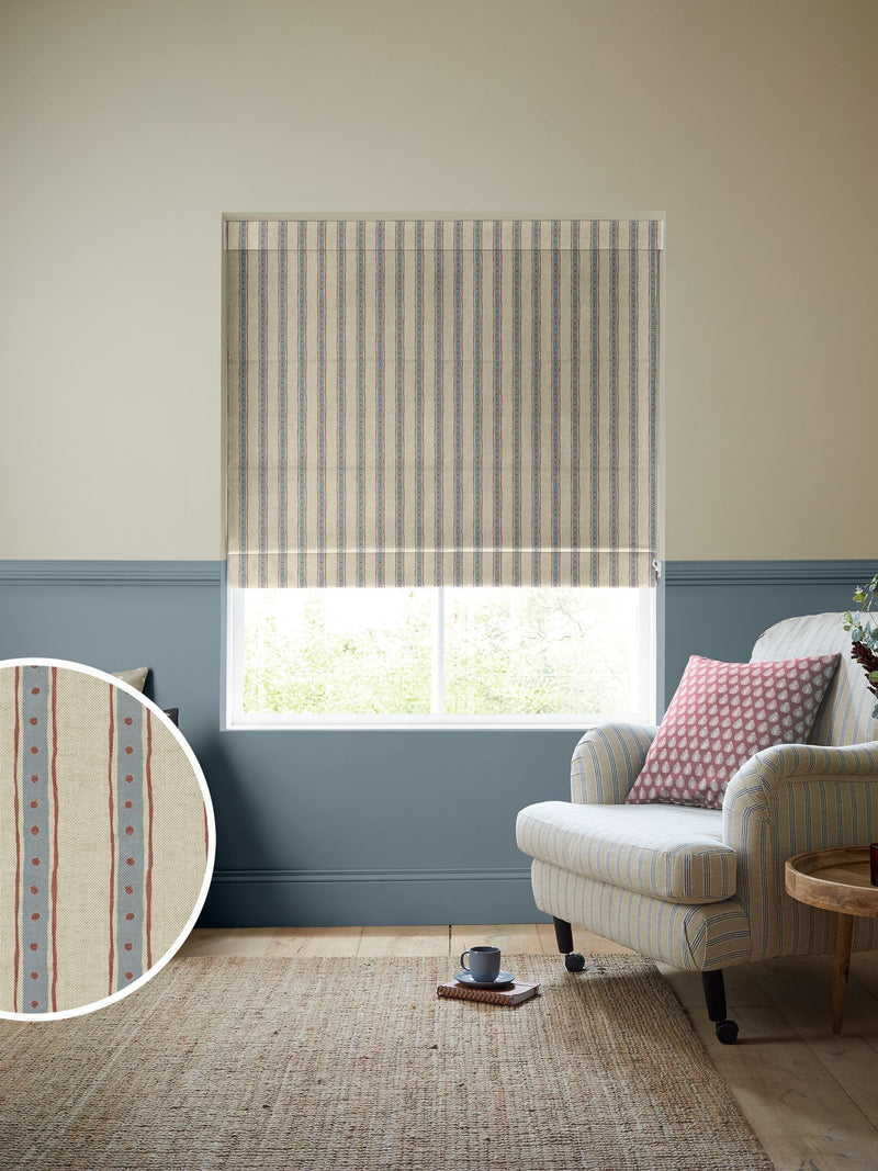 Emily Bond blue block printed stripe roman blind, UK version