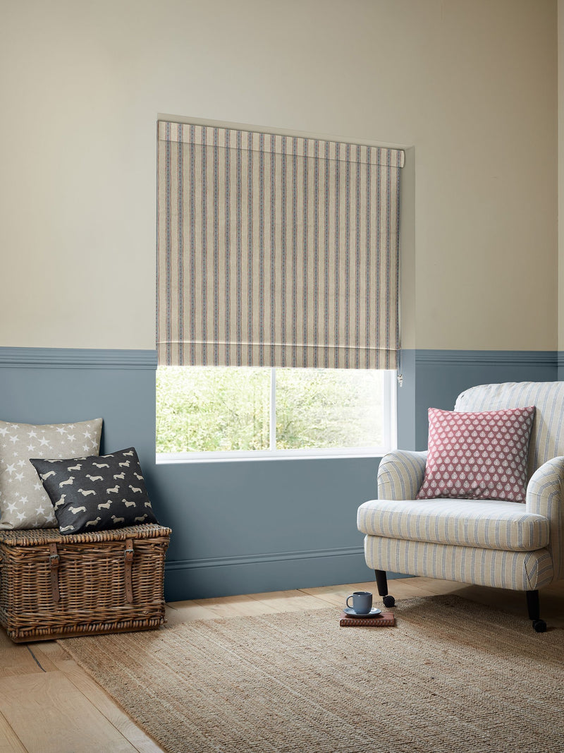Emily Bond blue block printed stripe roman blind, UK version