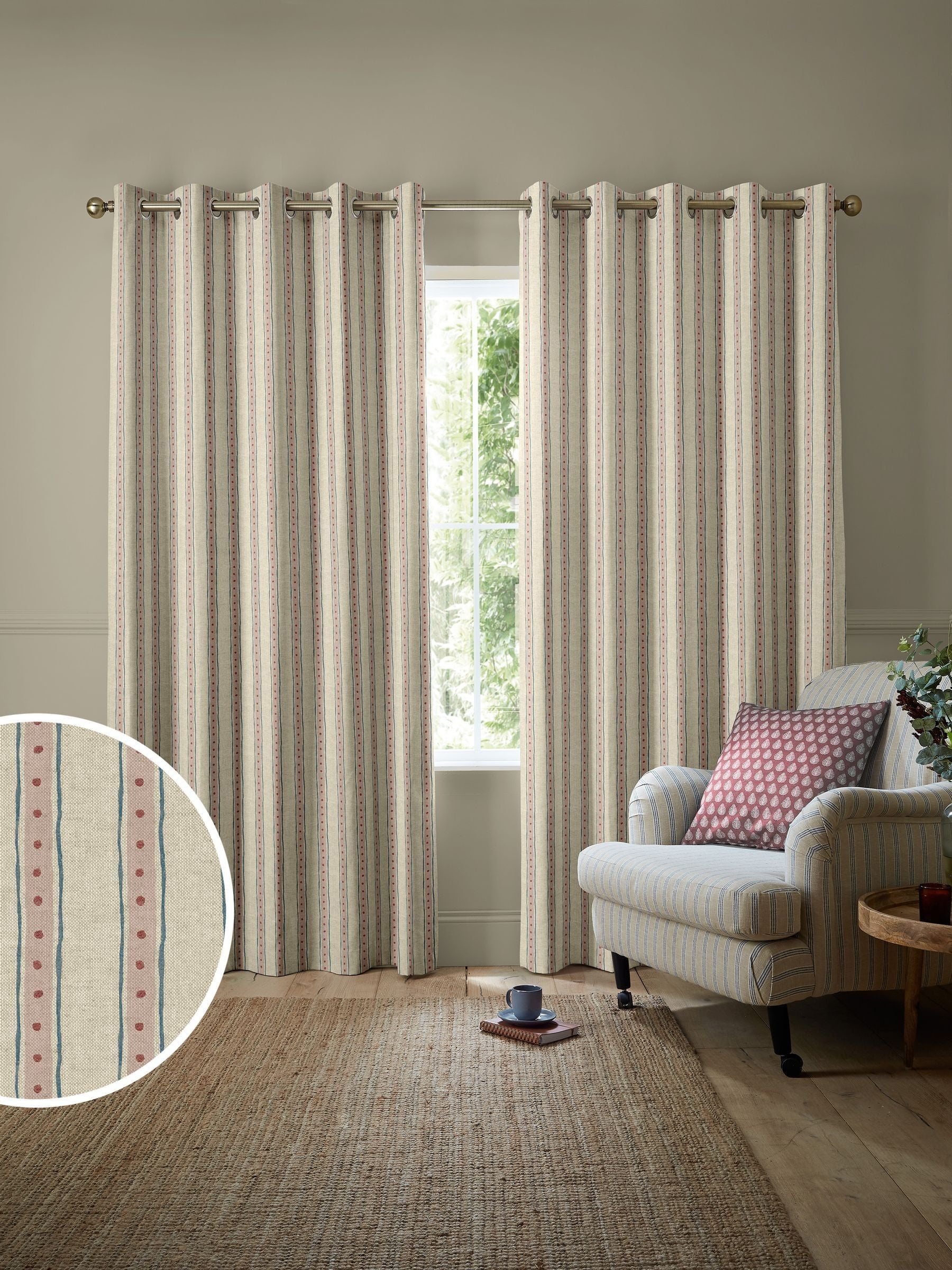 Emily Bond block printed stripe curtains pink blue - British product