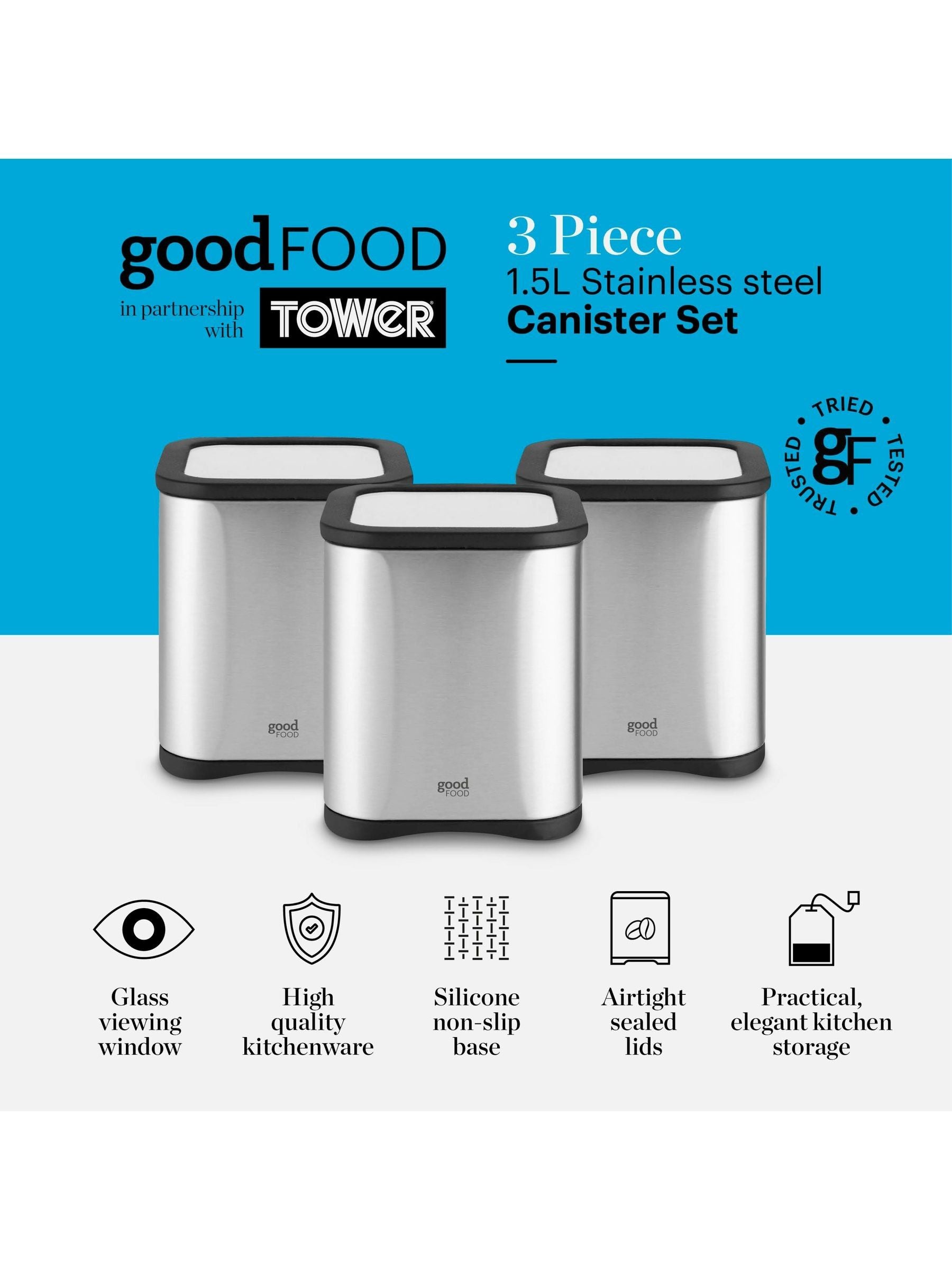 Good Food set of 3 silver storage canisters (British brand)