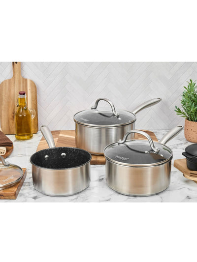 طقم قدور ستانلس ستيل Prestige 3 قطع فضي Scratch Guard غير لاصق مع أغطية من Next - اشترِ عبر الإنترنت من McGrocer