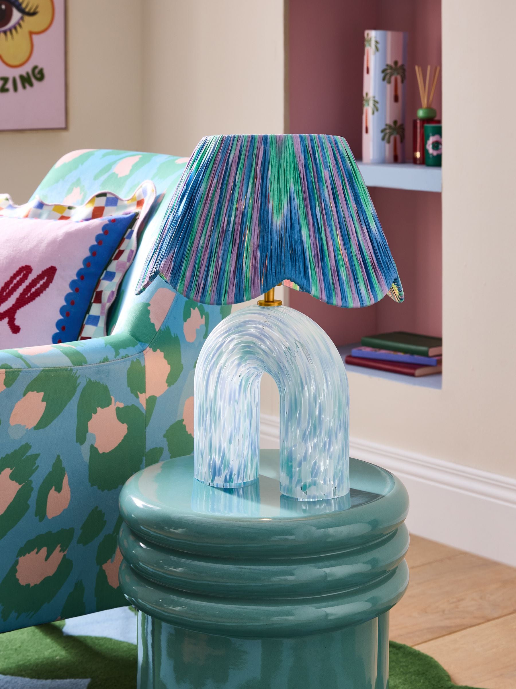 Eleanor Bowmer confetti glass table lamp blue green, imported from the UK