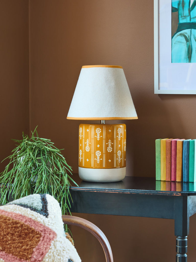 FatFace ochre yellow woodblock print ceramic lamp 40cm - British product