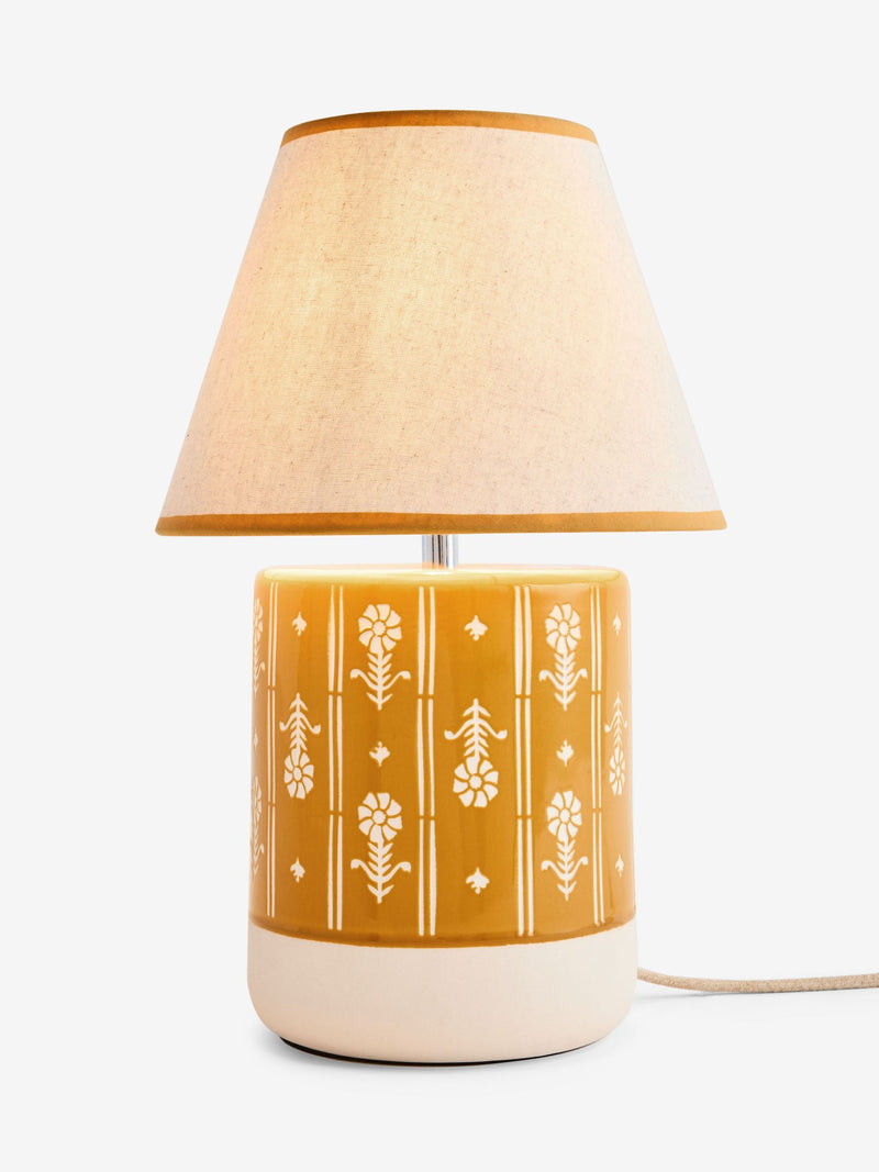 FatFace ochre yellow woodblock print ceramic lamp 40cm - British product