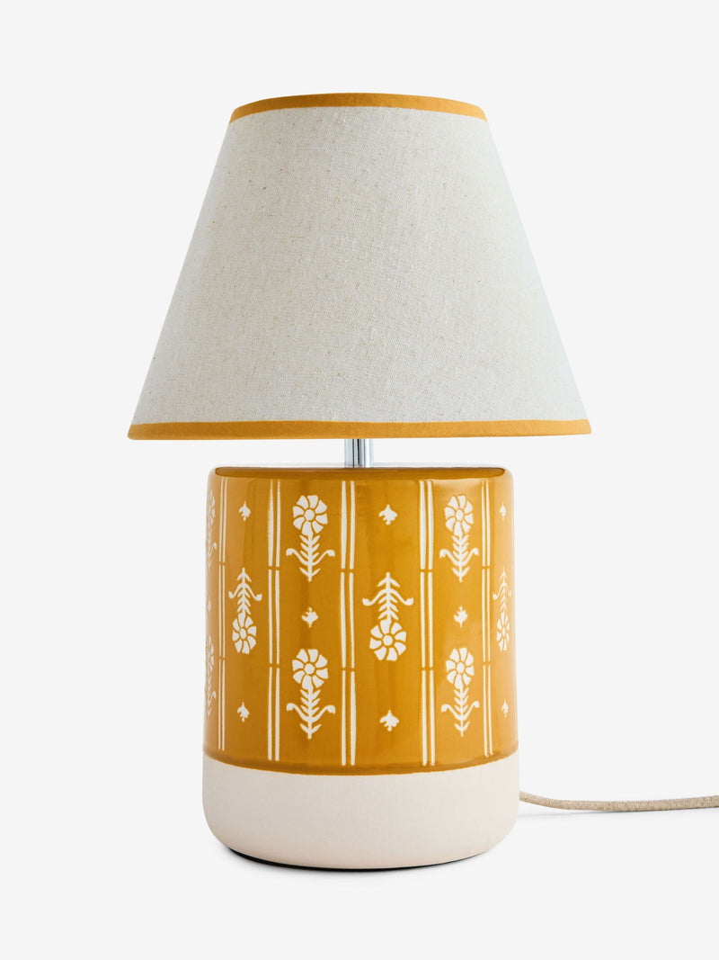 FatFace ochre yellow woodblock print ceramic lamp 40cm - British product