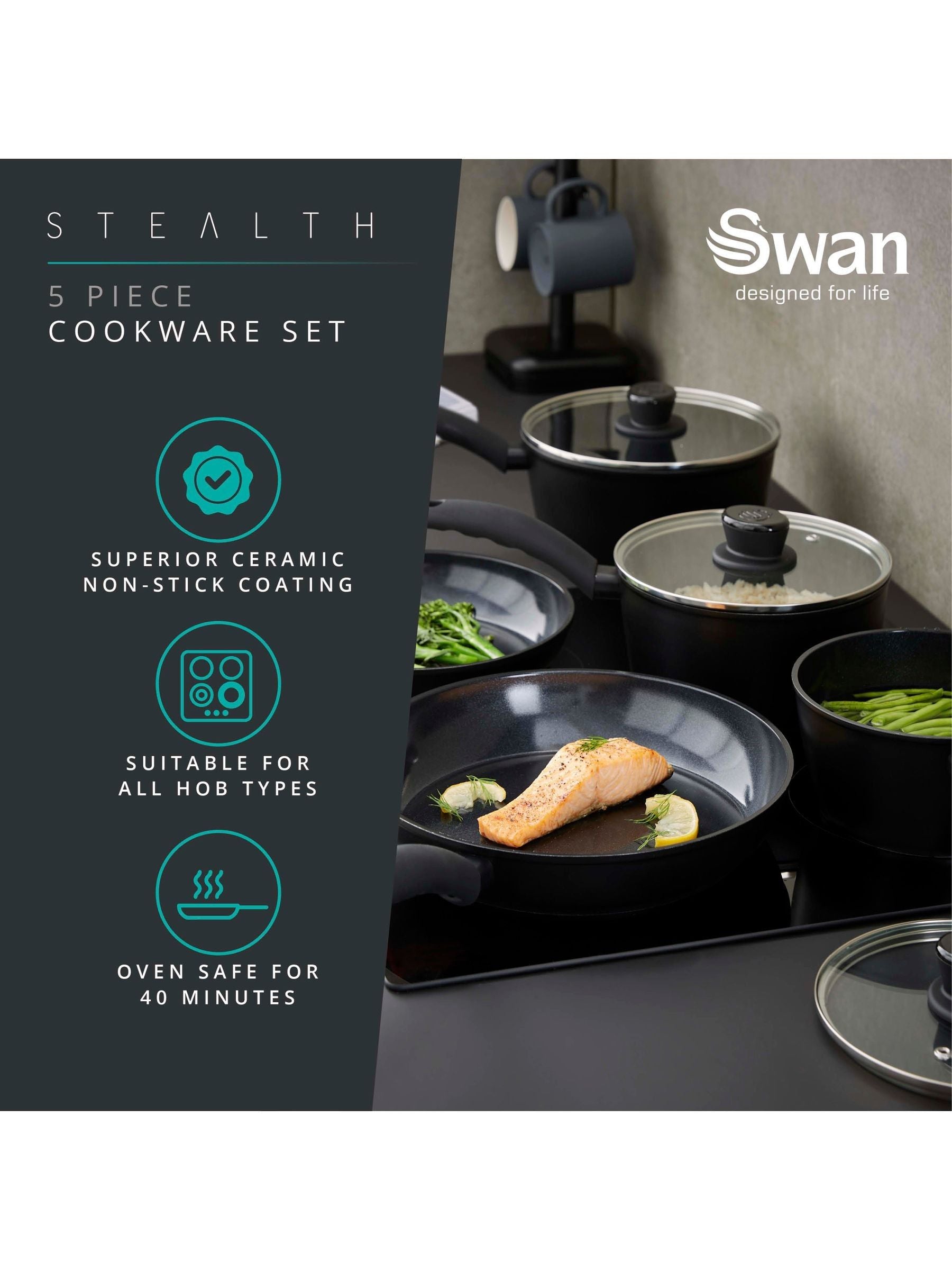 Swan Black Stealth 5 piece cookware set (British brand)