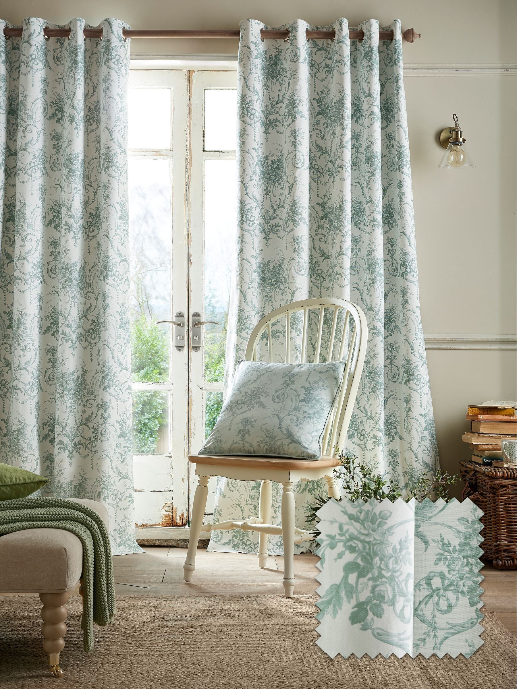 Laura Ashley dark sage Tuileries eyelet curtains, imported from the UK