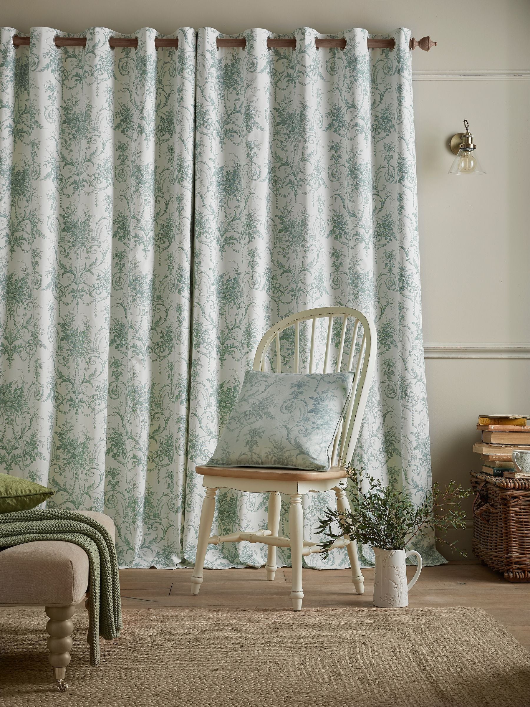 Laura Ashley dark sage Tuileries eyelet curtains, imported from the UK