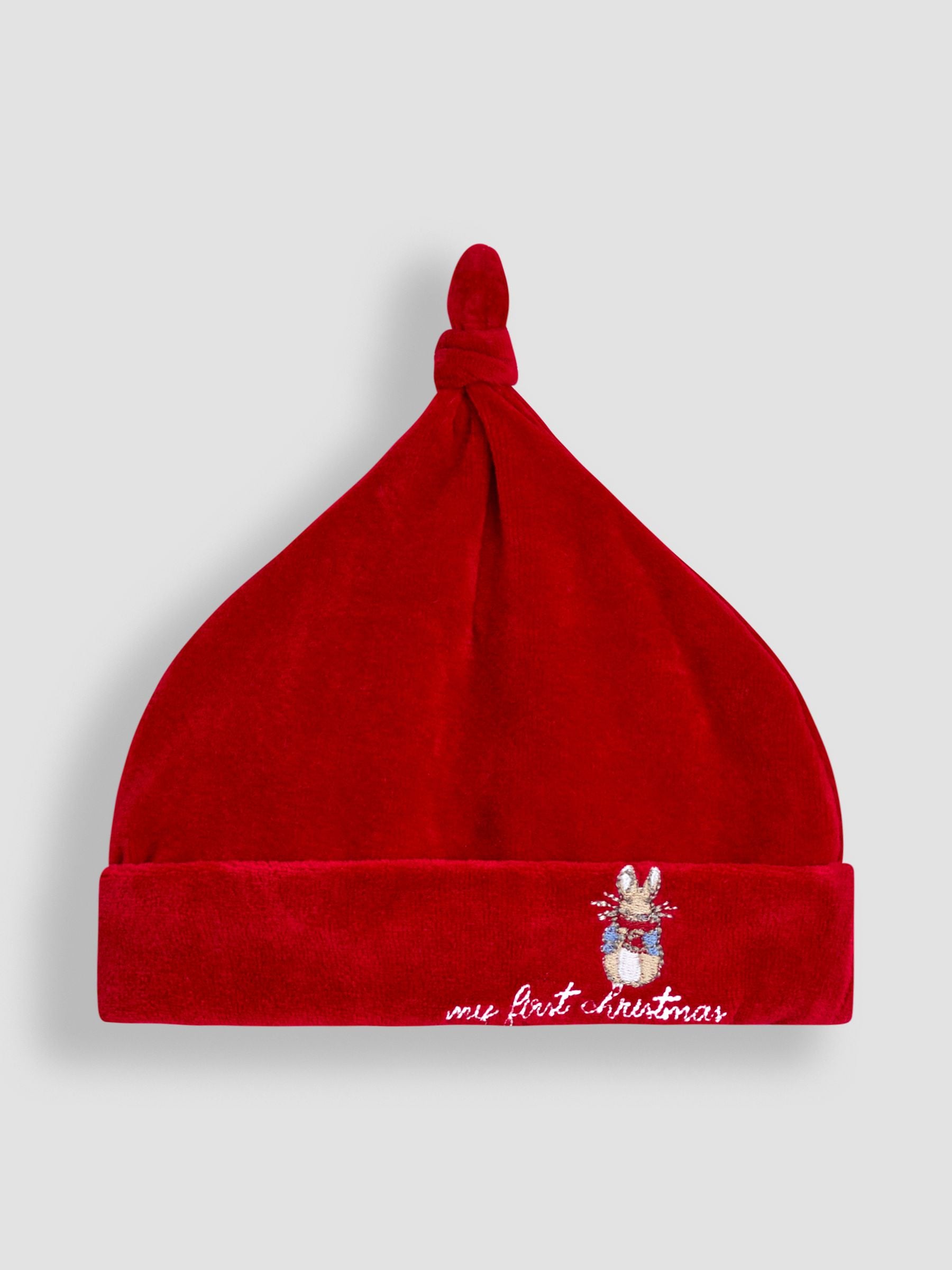 JoJo Maman Bébé red Peter Rabbit My First Christmas velour hat (British brand)