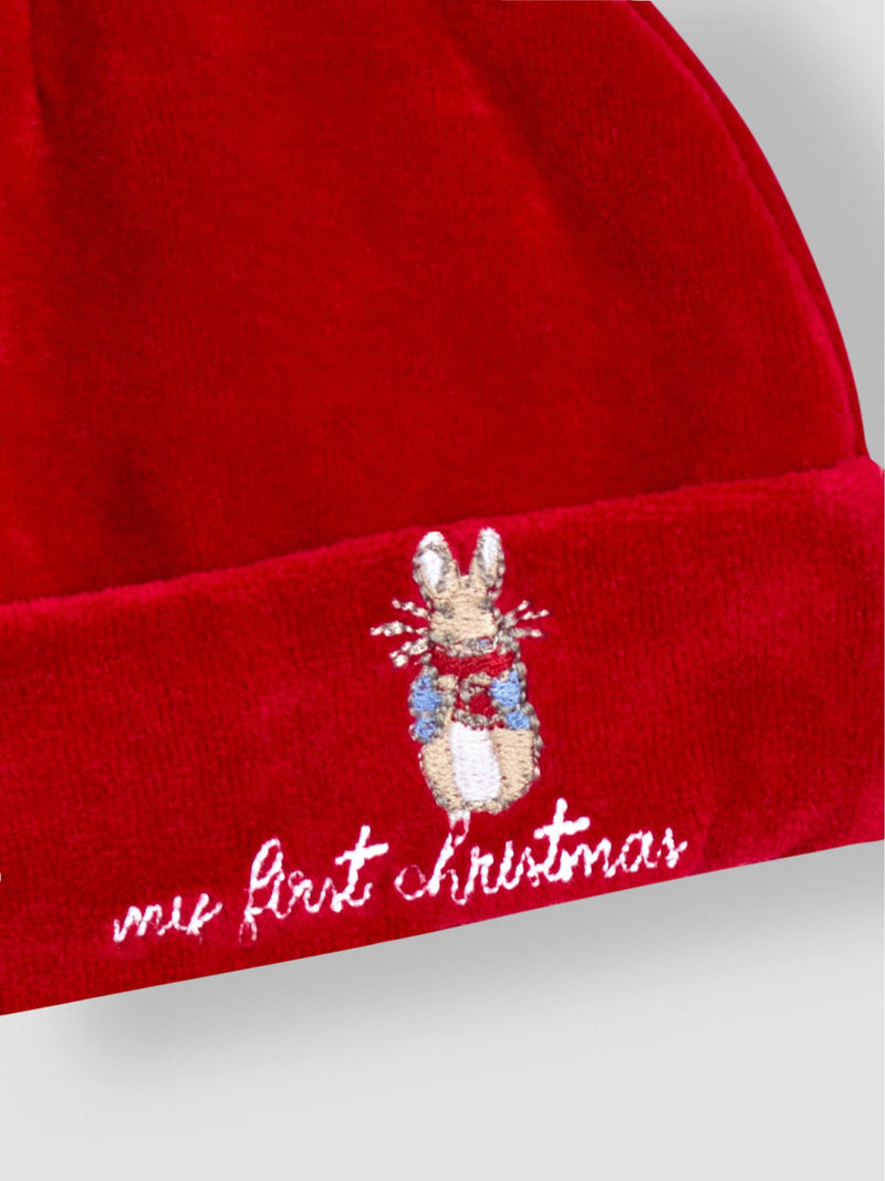 JoJo Maman Bébé red Peter Rabbit My First Christmas velour hat (British brand)