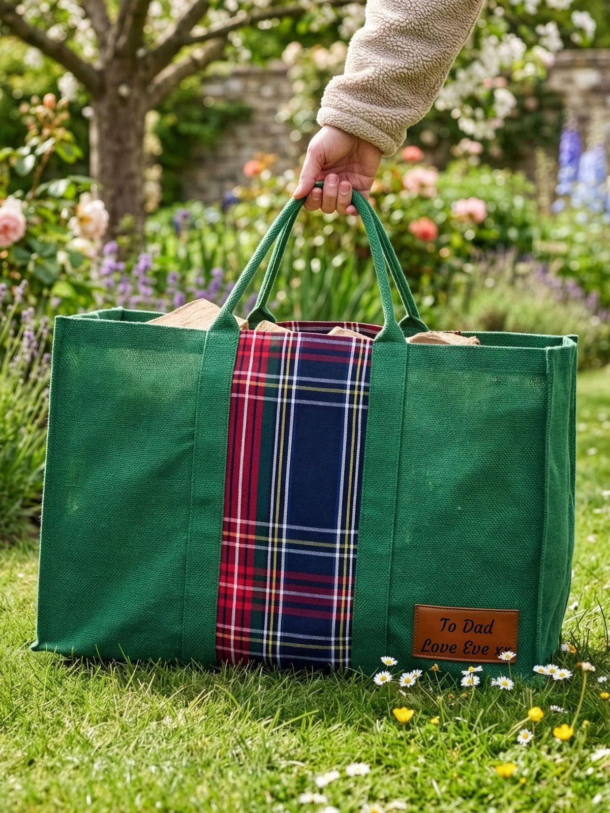 Dibor personalised tartan jute log bag, imported from the UK