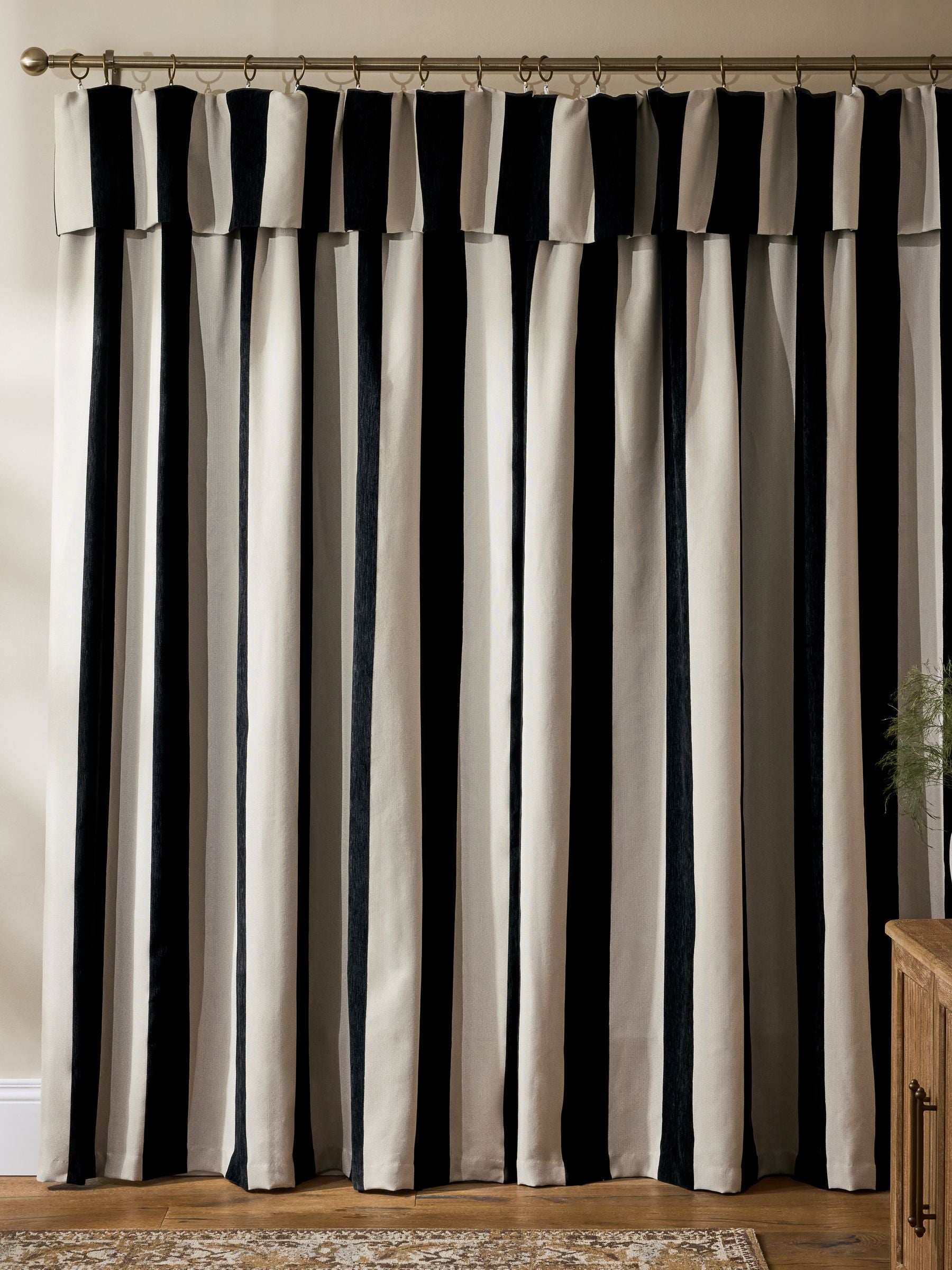 Chenille stripe ruffle top curtains in black and natural - British product