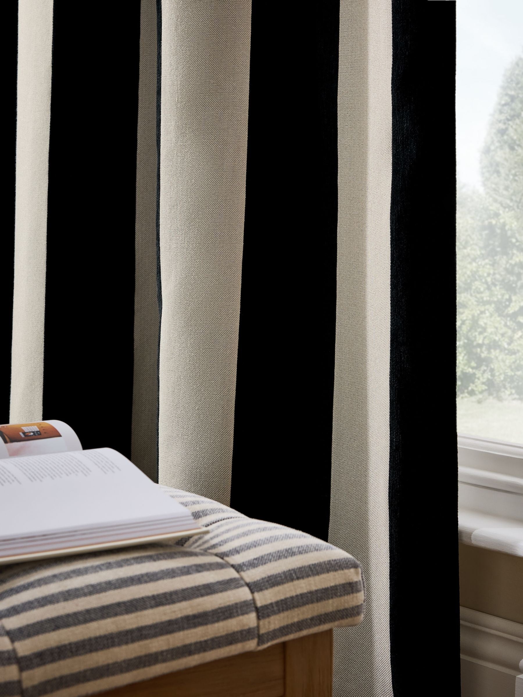 Chenille stripe ruffle top curtains in black and natural - British product