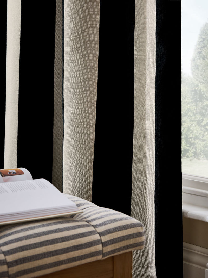 Chenille stripe ruffle top curtains in black and natural - British product
