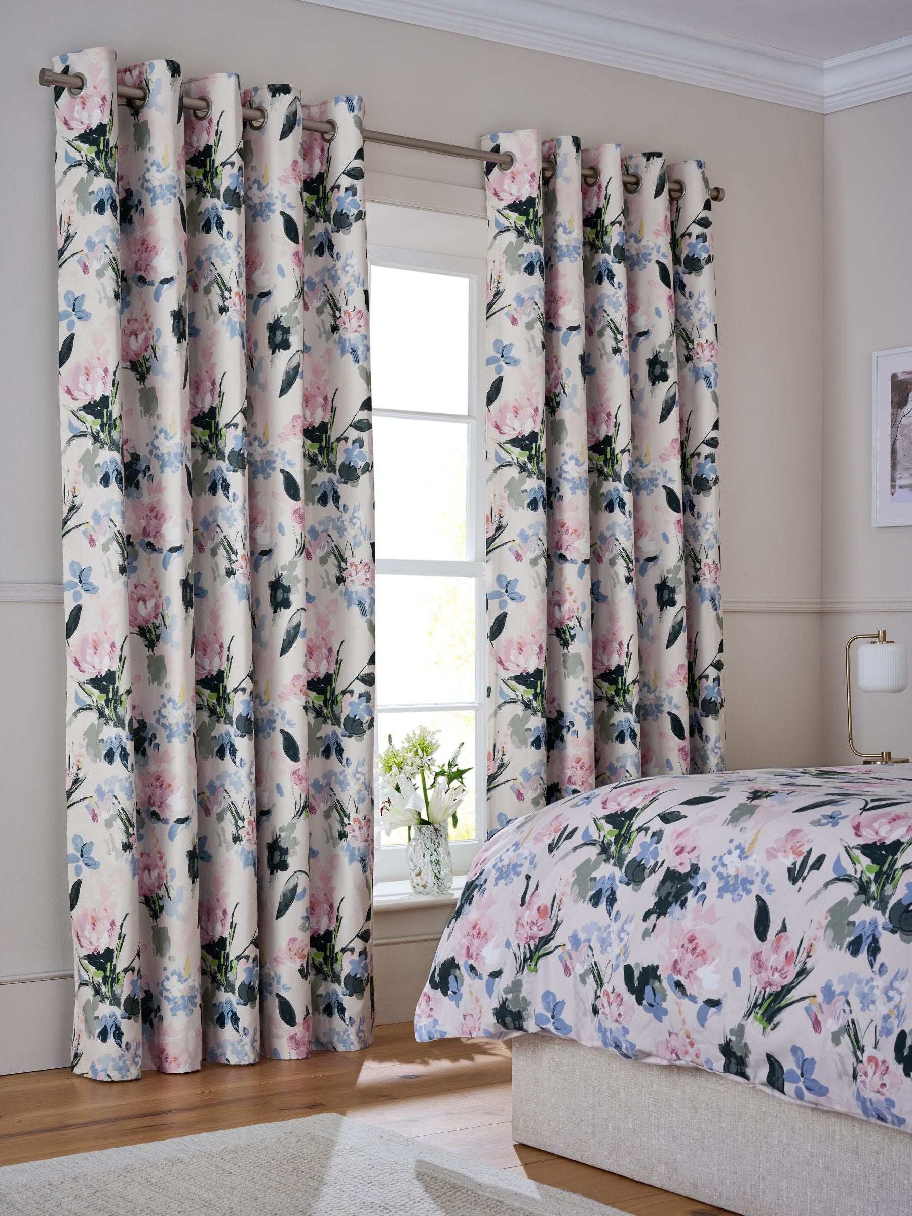 Pink floral blackout thermal eyelet curtains (British brand)