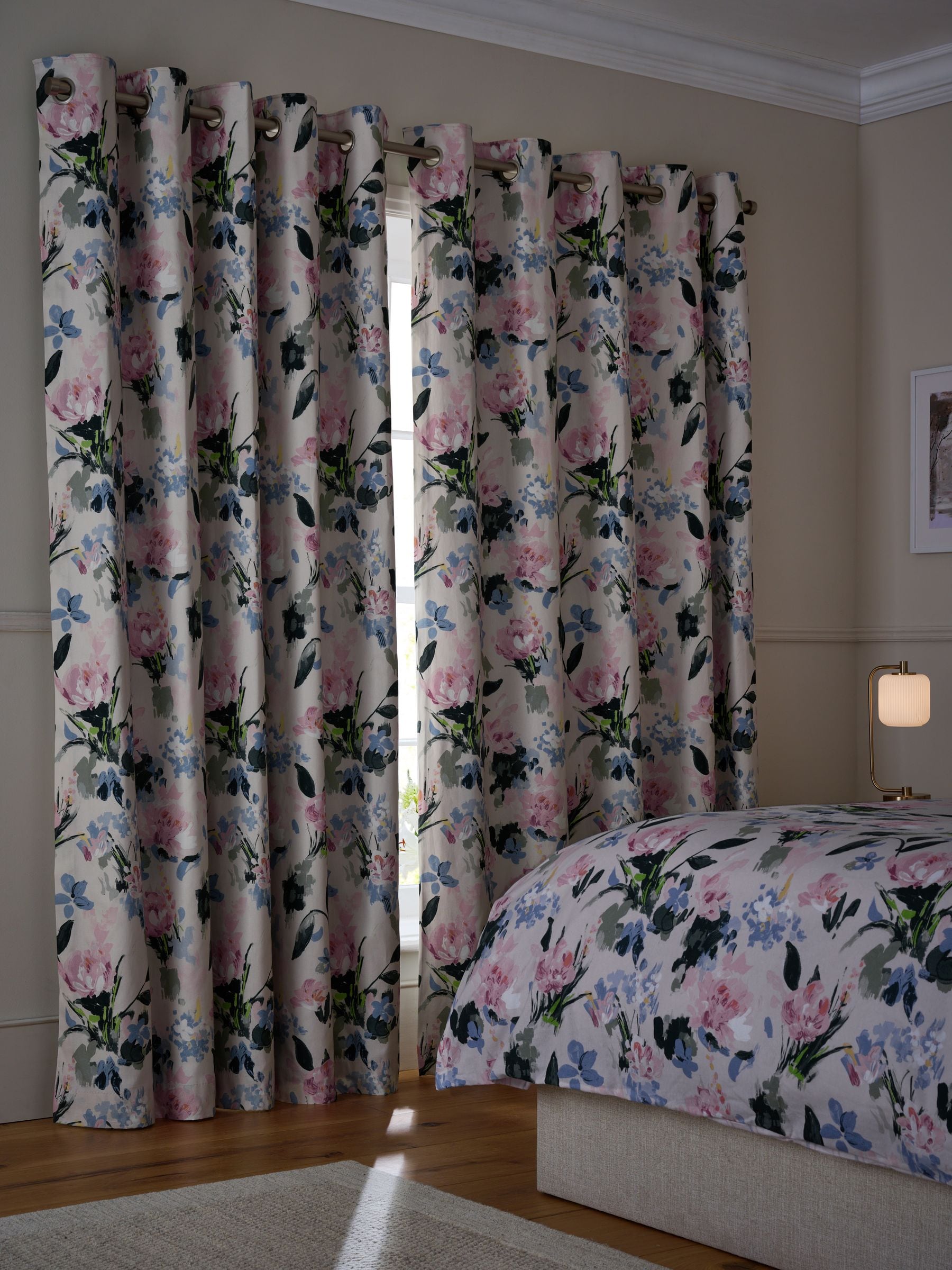 Pink floral blackout thermal eyelet curtains (British brand)