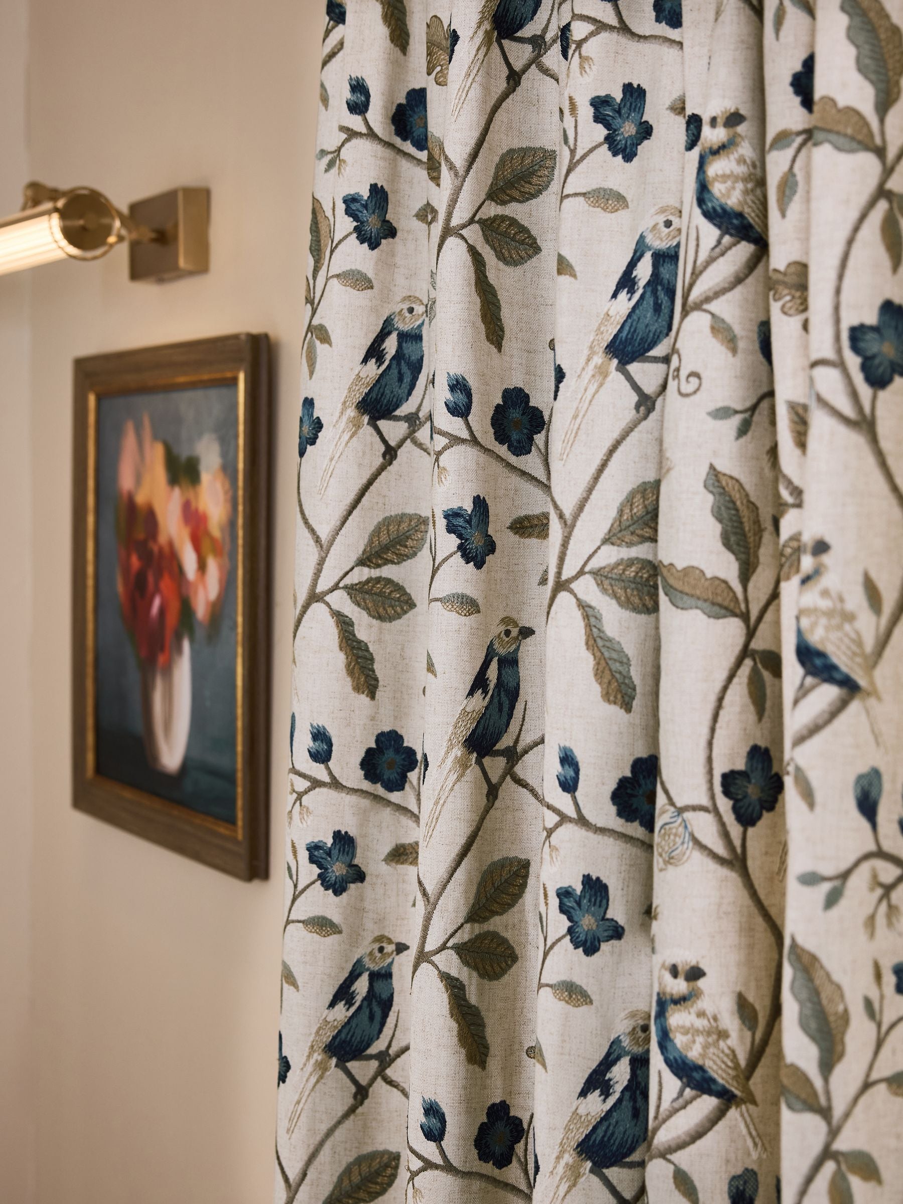 Embroidered bird curtains linen blend 2-pack - British product