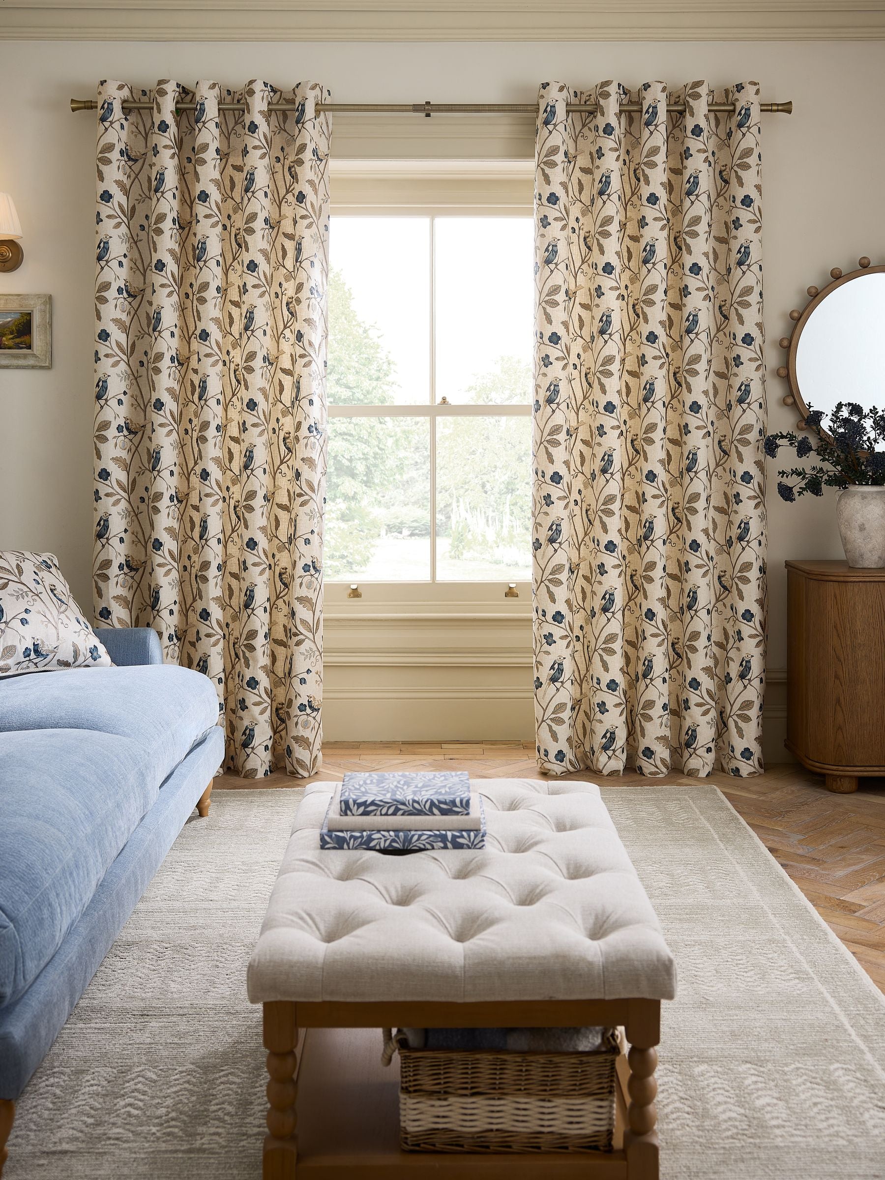 Luxe embroidered bird eyelet curtains, natural blue, imported from the UK