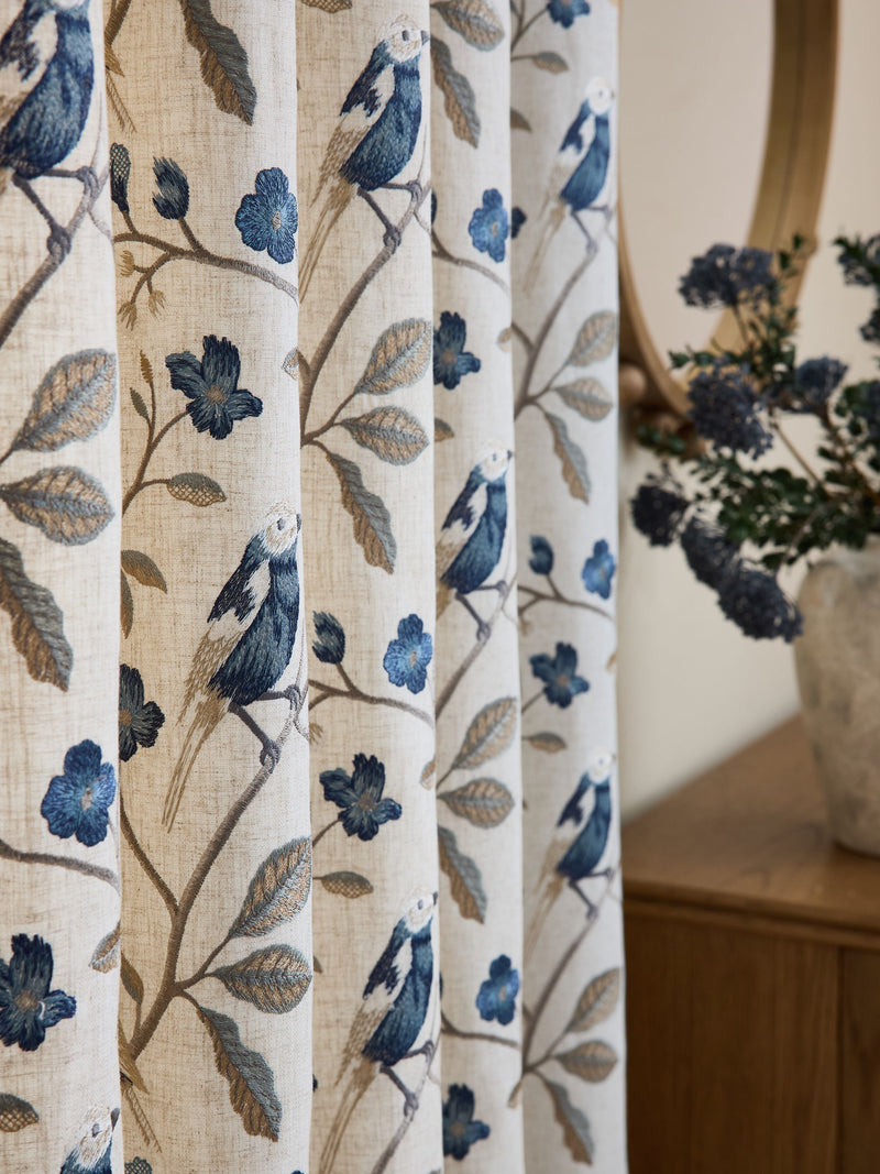 Luxe embroidered bird eyelet curtains, natural blue, imported from the UK