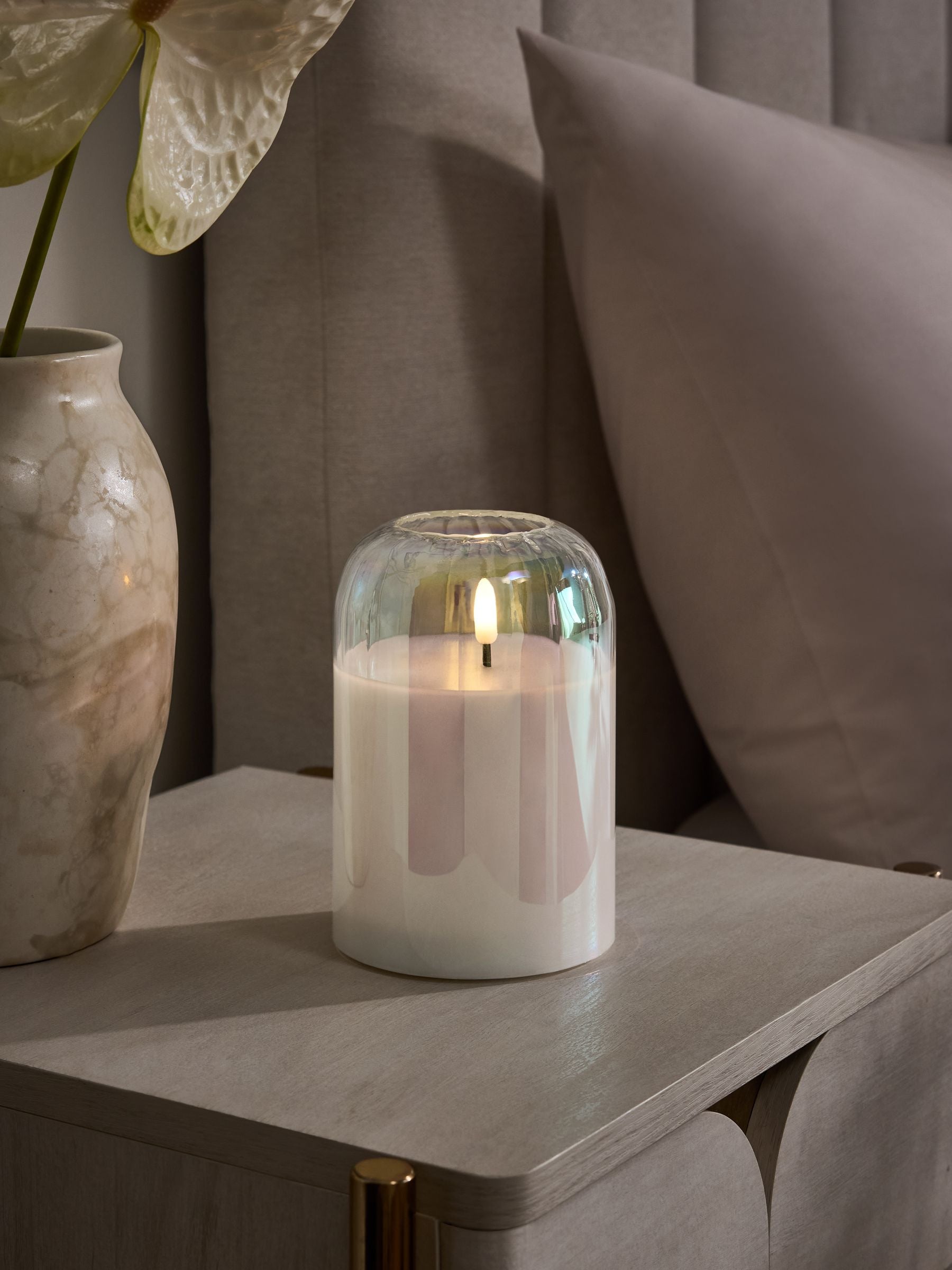 Set of 3 unscented LED pillar candles with glass ribbed cases, 15cm height, UK version