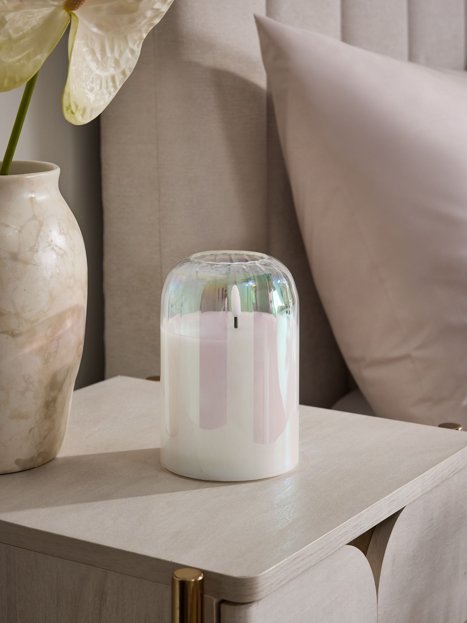 Set of 3 unscented LED pillar candles with glass ribbed cases, 15cm height, UK version