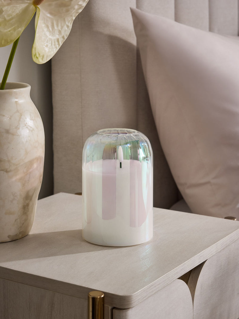 Set of 3 unscented LED pillar candles with glass ribbed cases, 15cm height, UK version
