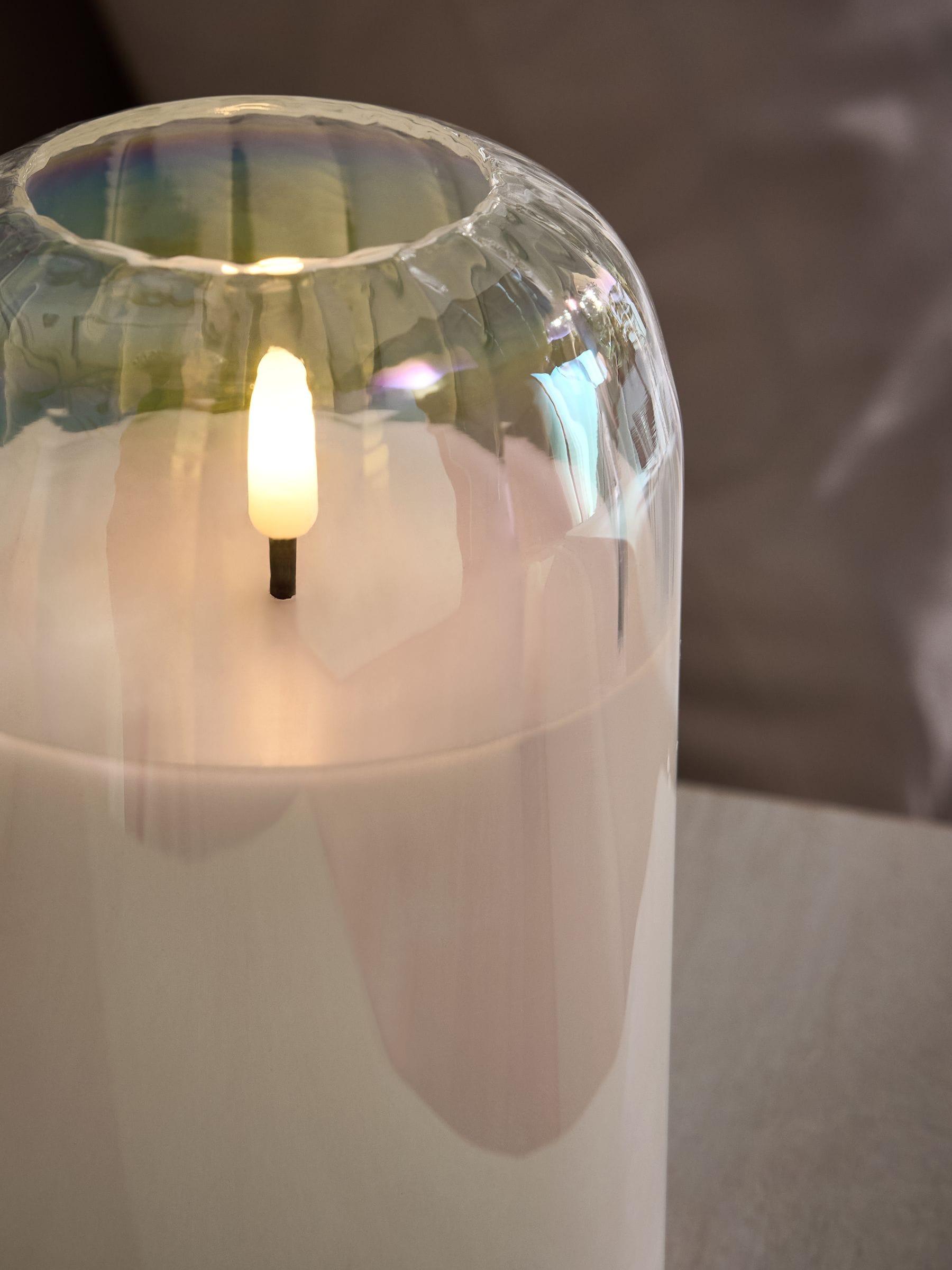 Set of 3 unscented LED pillar candles with glass ribbed cases, 15cm height, UK version