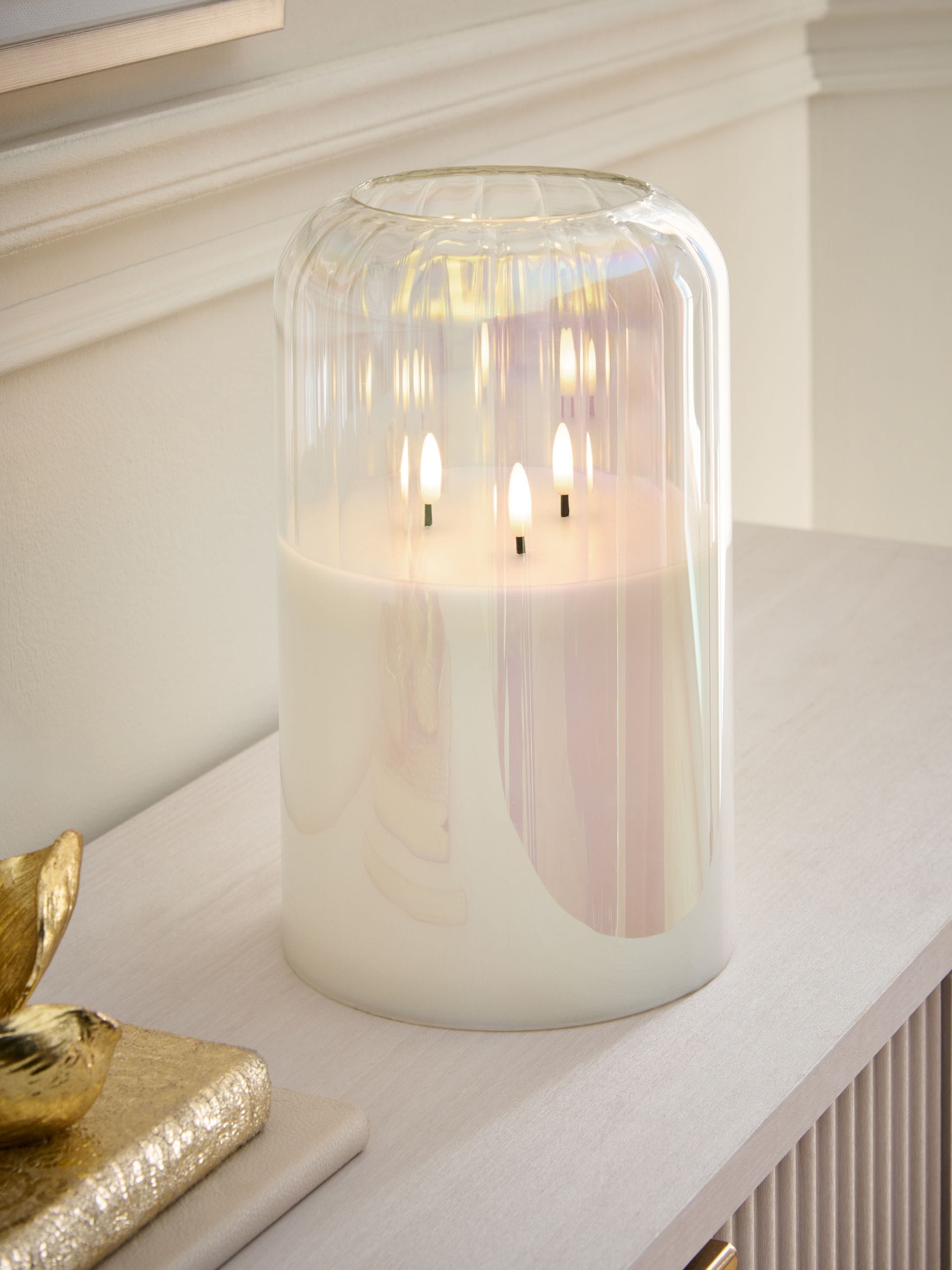 Iridescent Glass Ribbed LED 3 Wick Unscented Pillar Candle
