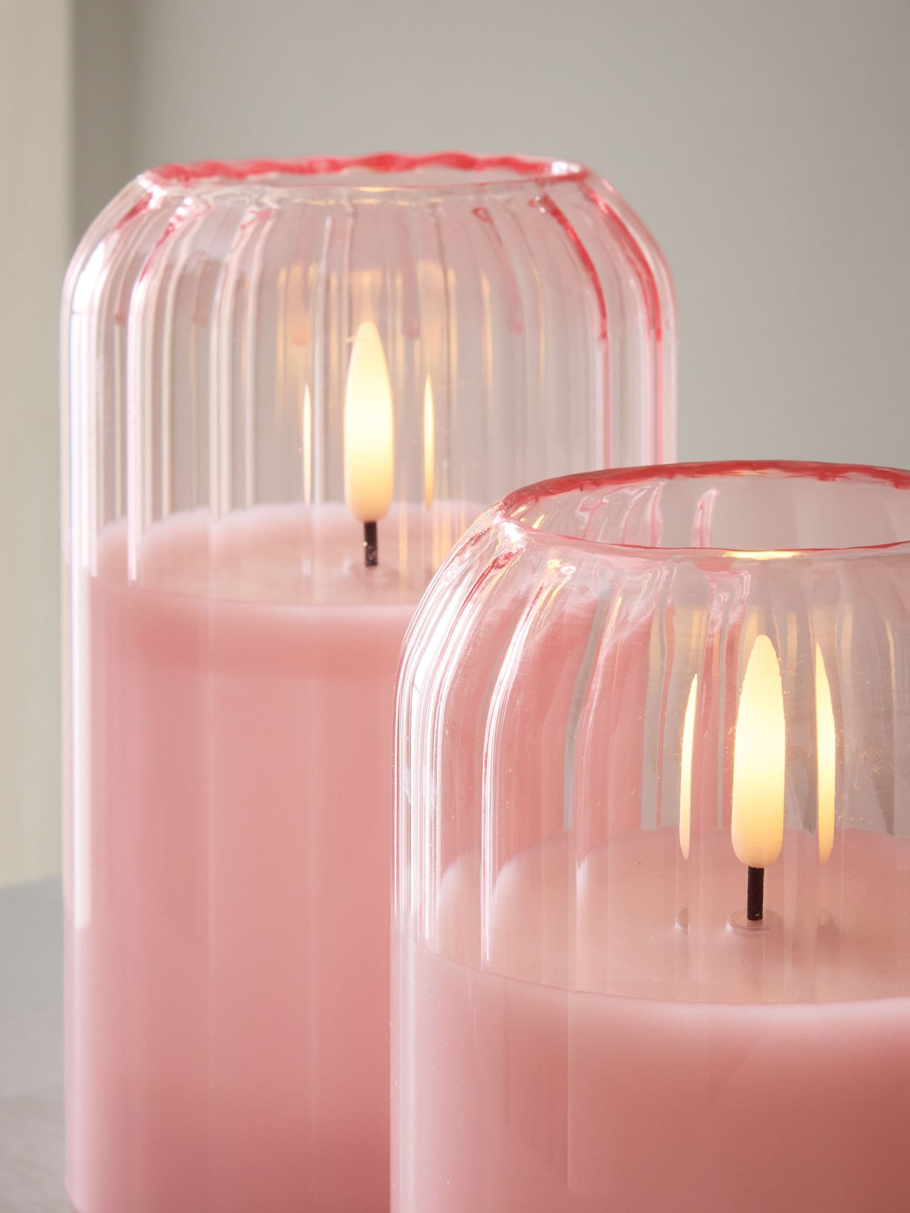 Pink glass ribbed LED pillar candles set of 3, UK version