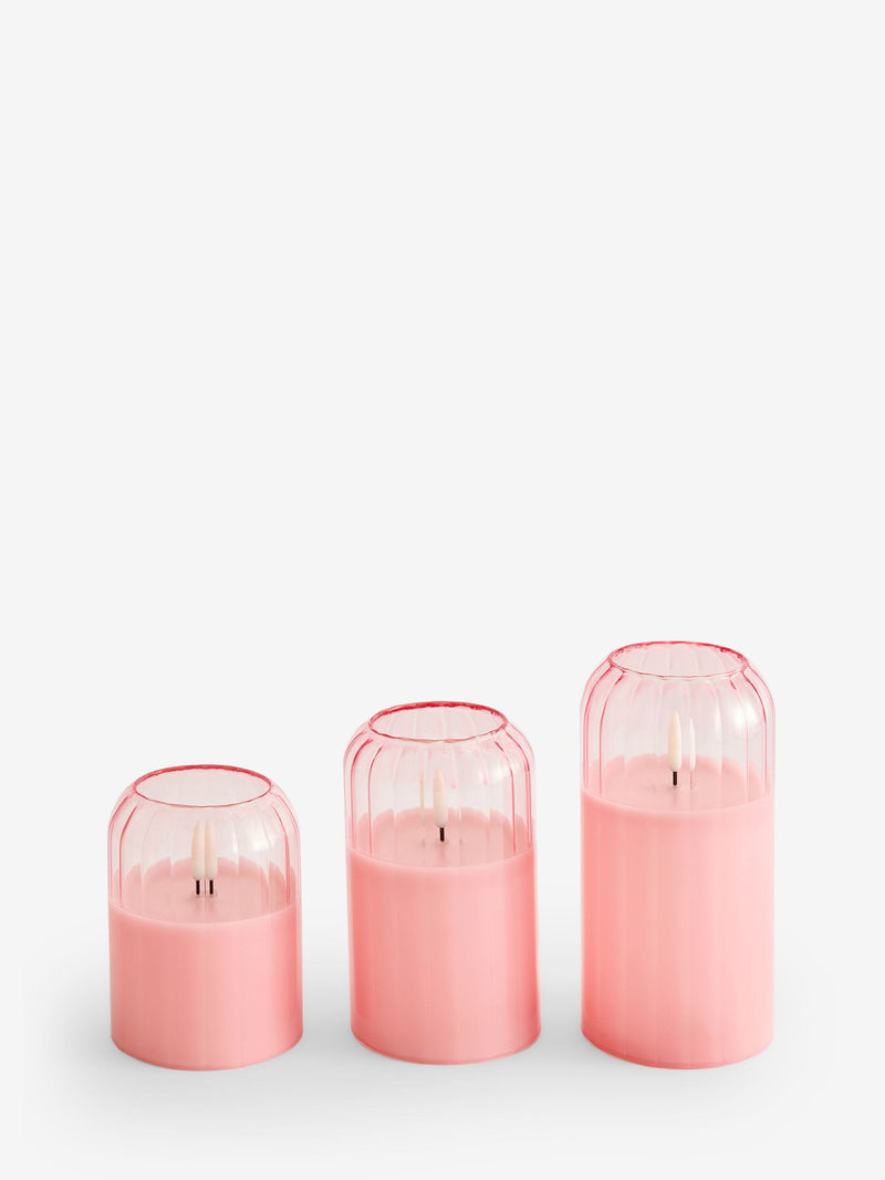 Pink glass ribbed LED pillar candles set of 3, UK version