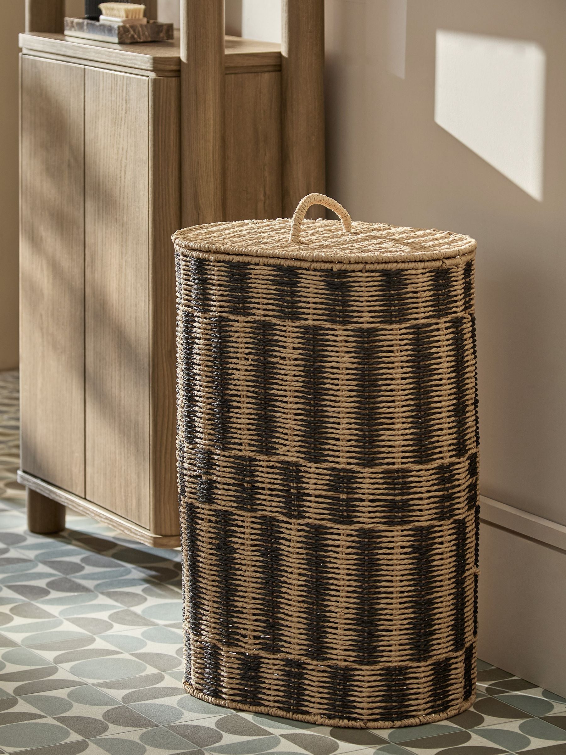 Natural woven laundry hamper black striped 100% paper, imported from the UK
