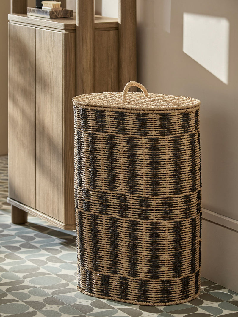 Natural woven laundry hamper black striped 100% paper, imported from the UK