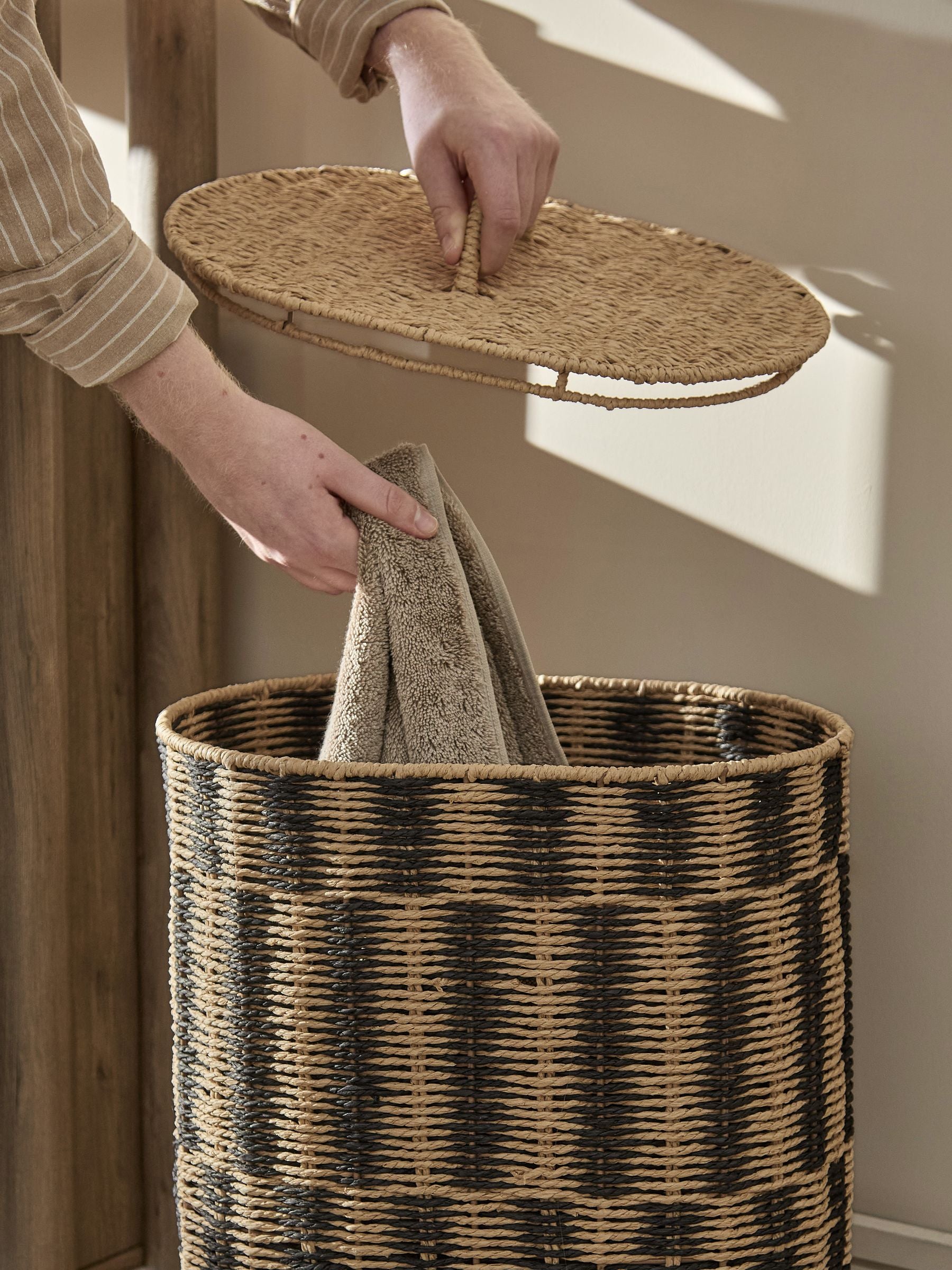 Natural woven laundry hamper black striped 100% paper, imported from the UK