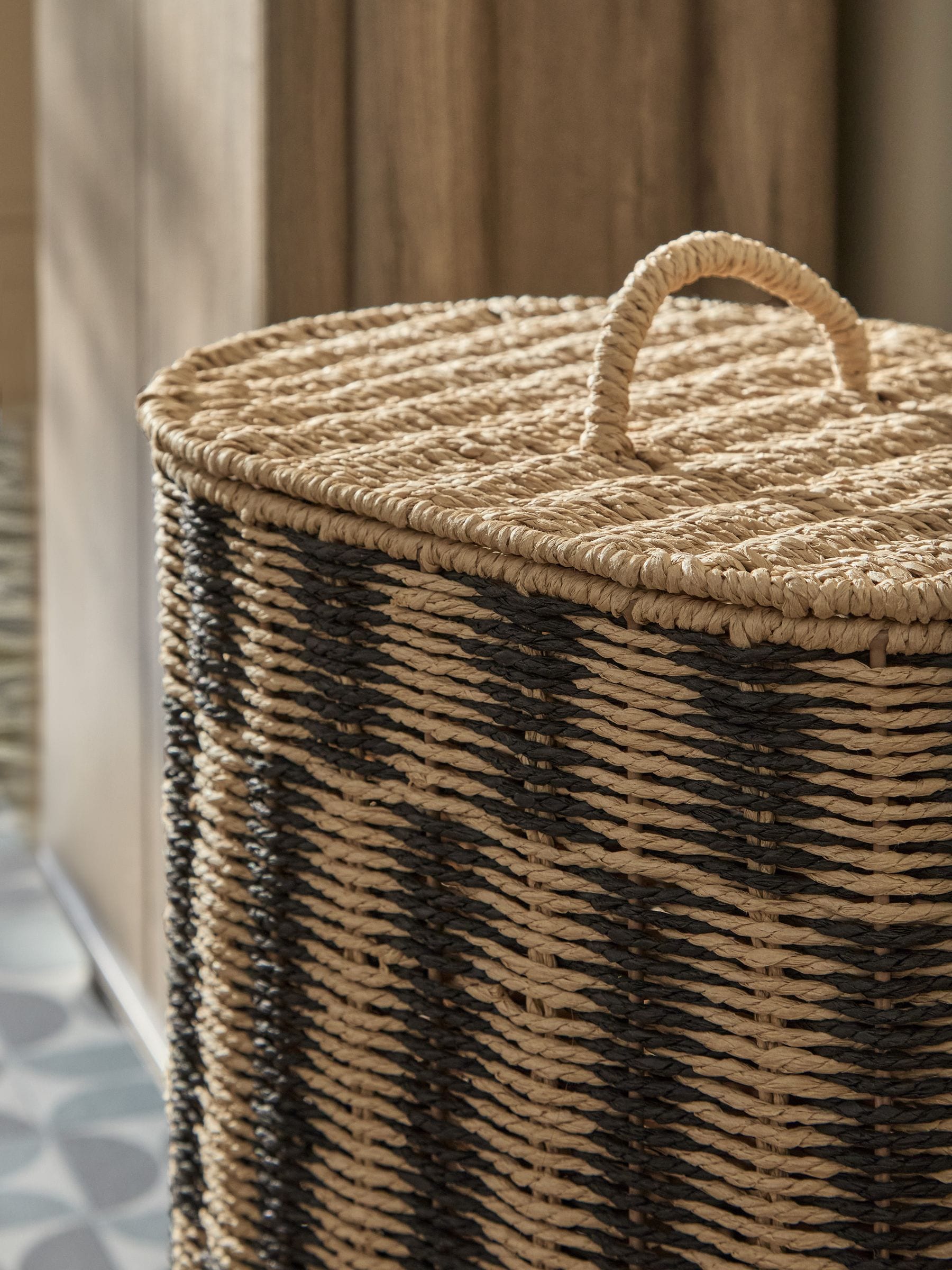 Natural woven laundry hamper black striped 100% paper, imported from the UK
